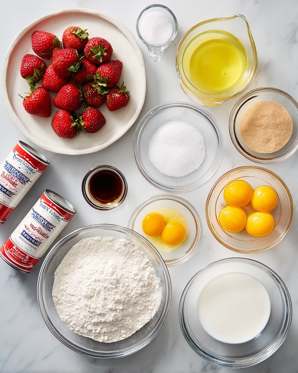 A white marbled surface holds an arrangement of baking ingredients, all set neatly with clear glass bowls and white plates. Starting from the top left, there is a white plate holding bright red strawberries with green tops. Next to it, a small glass measuring pitcher contains white liquid. Beside this is a clear glass bowl filled with yellow melted butter, and then another smaller clear bowl with light brown sugar. Below the large plate of strawberries is a small glass bowl with dark brown vanilla extract, and next to it a small bowl of white salt crystals. Below these, a large clear bowl filled with white flour is centered. To the right of the flour, a glass bowl holds five bright yellow egg yolks, while next to it another clear bowl contains raw translucent egg whites. At the bottom left, a glass measuring pitcher holds white milk. Two stacked cans of milk, one evaporated and one condensed, sit next to it, with the condensed milk can tilted slightly. A small clear bowl filled with white granulated sugar completes the display on the right. The entire setup is bright, clean, and well-lit, showing all elements clearly, photo taken with an iphone --ar 4:5 --v 7