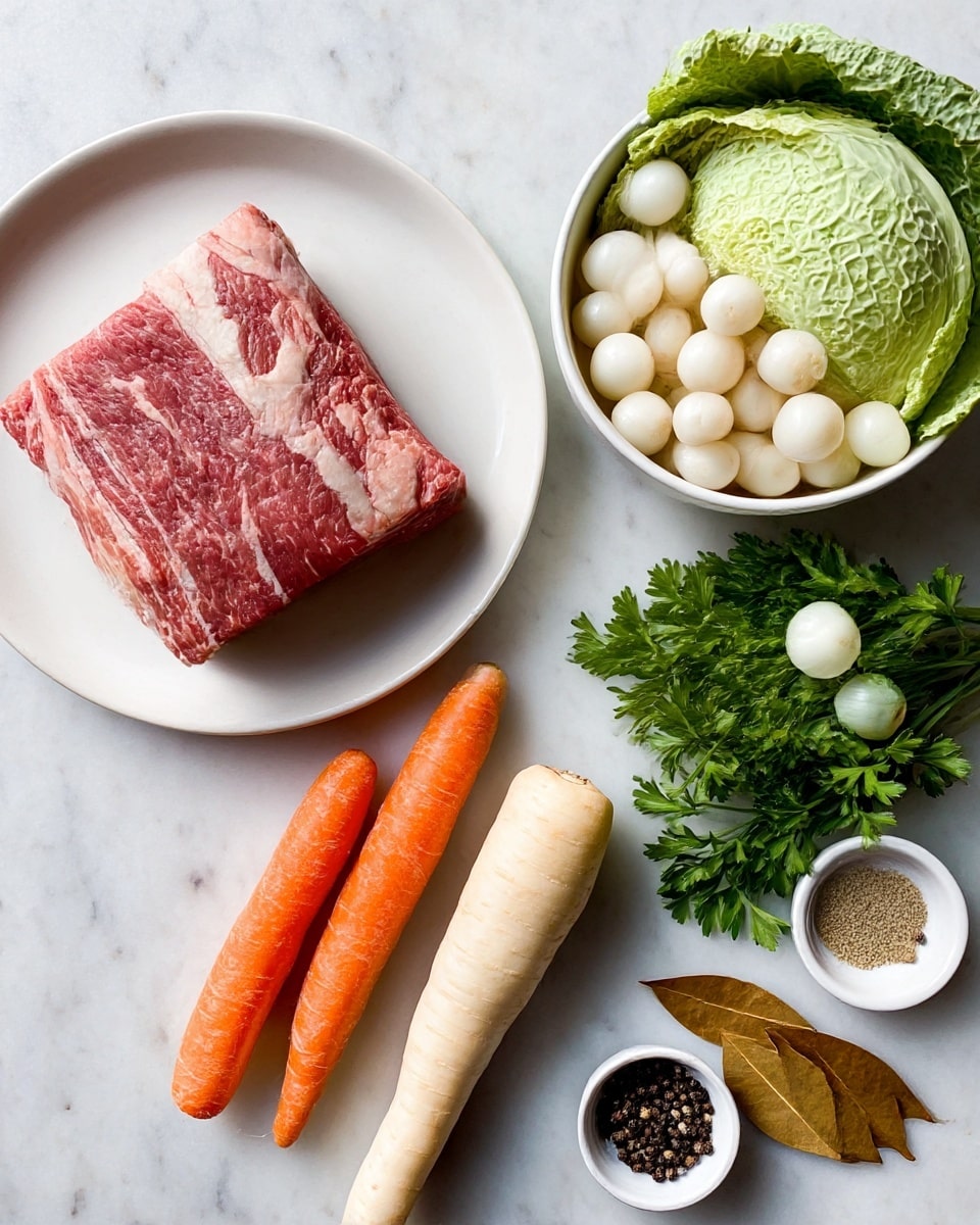 The image shows a top view of raw ingredients arranged on a white marbled surface. On the left is a white plate with a thick, rectangular piece of raw red meat, with visible texture and some white fat. Below the plate are two bright orange carrots placed side by side and two light beige root vegetables, likely parsnips, positioned parallel to the carrots. In the center, slightly to the right, is a white bowl filled with many small, round, white onions. To the top right is a whole green cabbage, and below it is a bunch of fresh green parsley with detailed leaf texture. Near the bottom right corner are two brownish dried bay leaves and a small white bowl containing black peppercorns. The composition is neat and appears fresh and natural. Photo taken with an iphone --ar 4:5 --v 7