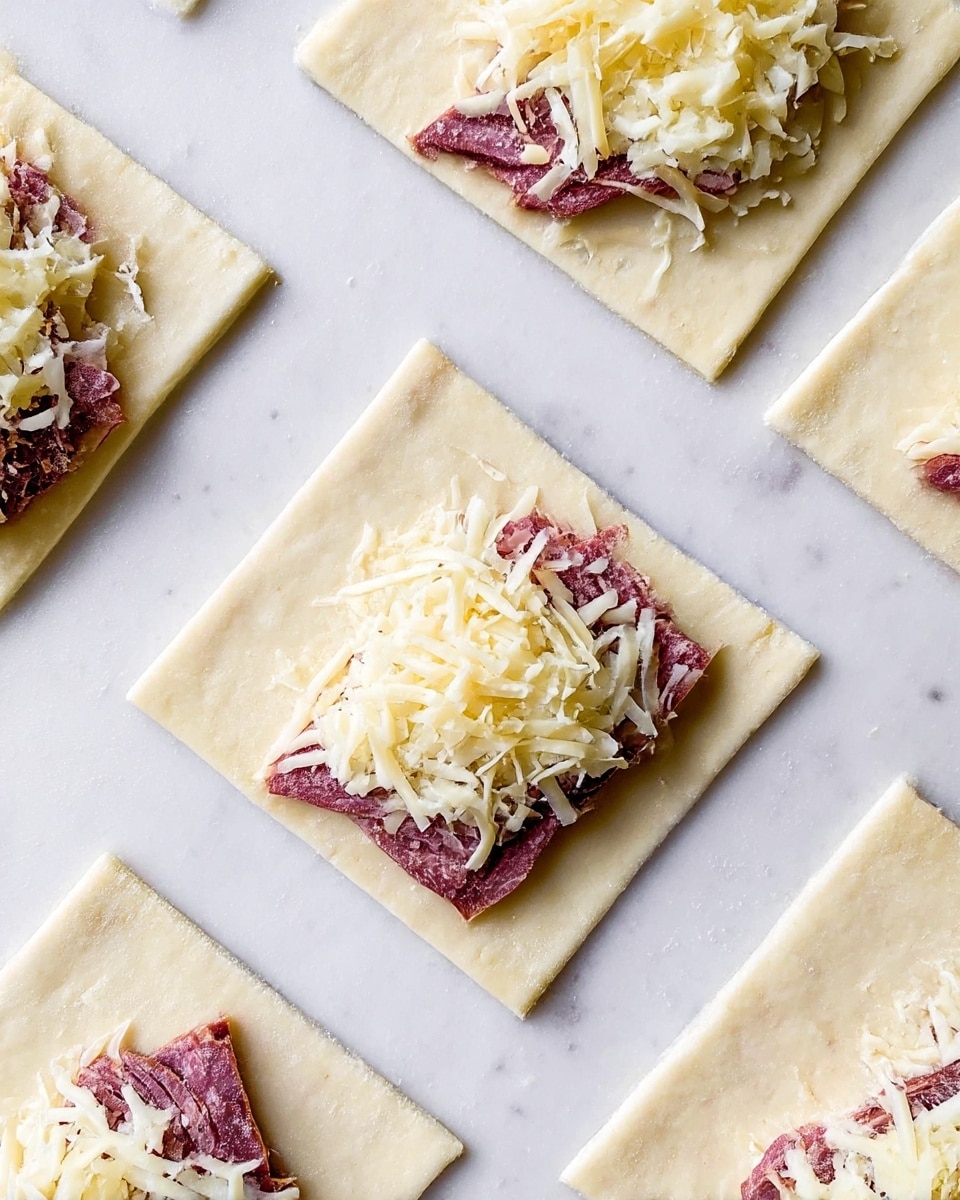 Several square pieces of light dough are laid out on a white marbled surface, each topped with two layers of filling. The bottom layer is thin slices of dark pink meat placed near the center bottom of each dough square, while the top layer consists of a mix of shredded pale yellow and off-white cheese, scattered over the meat and covering the middle section of the dough. The dough squares are evenly spaced, showing the texture of each ingredient clearly. photo taken with an iphone --ar 4:5 --v 7