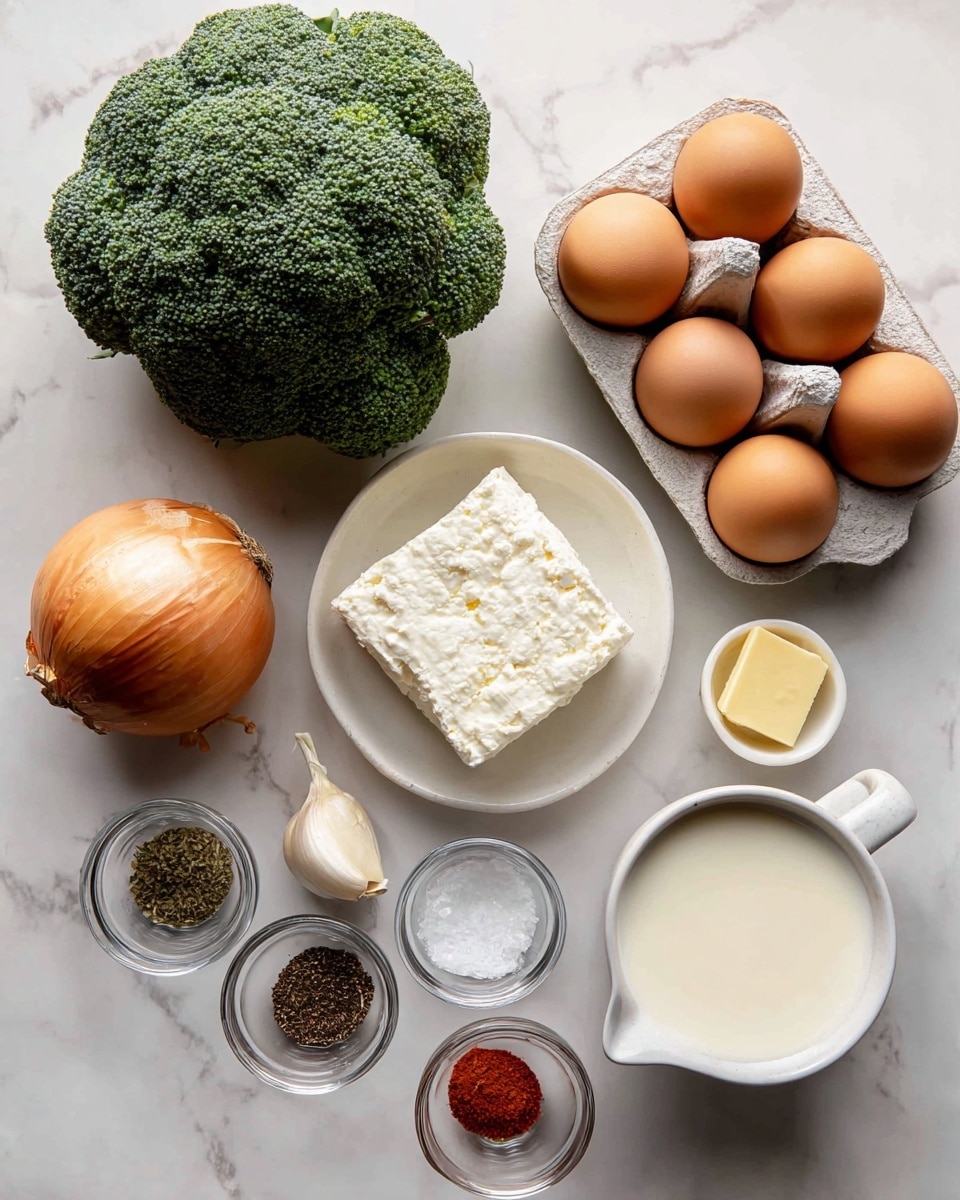 The image shows fresh ingredients arranged on a white marbled surface. On the left is a large green broccoli head with a rough, bumpy texture. Near it is a round brown onion with its papery skin intact. Above the onion is a small piece of garlic clove and a small bowl with a pale yellow butter chunk. In the middle right sits a white bowl holding a block of white feta cheese with a crumbly texture. To the right is an open carton of six brown eggs with smooth shells. Below are three small glass bowls holding black pepper, white salt, and red smoked paprika powders. At the bottom right is a white cup filled with heavy cream, which looks thick and smooth. The ingredients are spaced evenly, and the white marbled surface enhances their colors. photo taken with an iphone --ar 4:5 --v 7