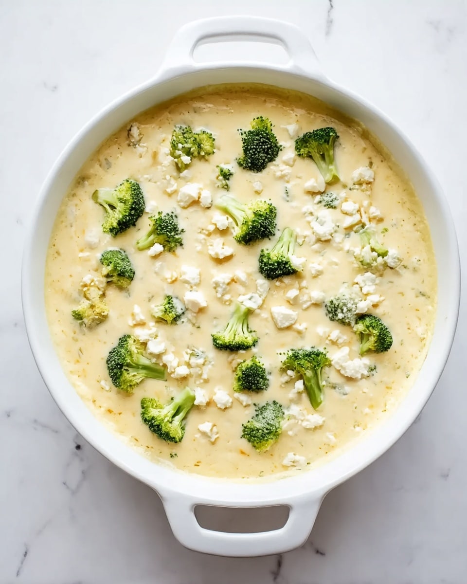 A white round baking dish with handles on each side is filled with a creamy pale yellow mixture. Scattered on top are small bright green broccoli florets and white crumbly pieces that look like cheese. The dish sits on a white marbled surface with soft lighting highlighting the smooth texture of the creamy layer and the fresh green colors of the broccoli. Photo taken with an iphone --ar 4:5 --v 7