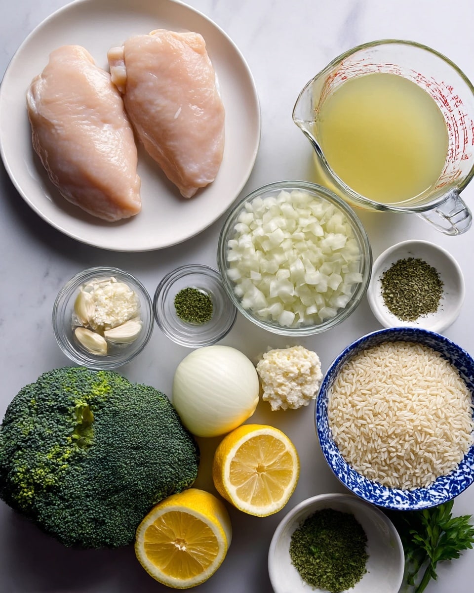 The image shows a white marbled surface with various ingredients arranged neatly. At the top left, two pieces of raw chicken sit on a white plate, both pale pink with smooth texture. To the upper right, a clear glass measuring cup filled with light yellow broth is placed. Below the chicken, a large broccoli head with dark green florets rests. In front of the broccoli, there is a small glass bowl with a few garlic cloves. A large white bowl filled with chopped white onions is near the center. Below this bowl, two lemon halves with bright yellow skin and pale yellow flesh are placed side by side. Next to the lemons, a small white bowl holds light crumbly white cheese. Near it, another small white bowl contains dried green herbs. On the right side, a white bowl with a blue patterned edge is filled with uncooked long-grain rice, cream in color. At the bottom right, fresh bright green parsley adds a pop of color and texture. Photo taken with an iphone --ar 4:5 --v 7