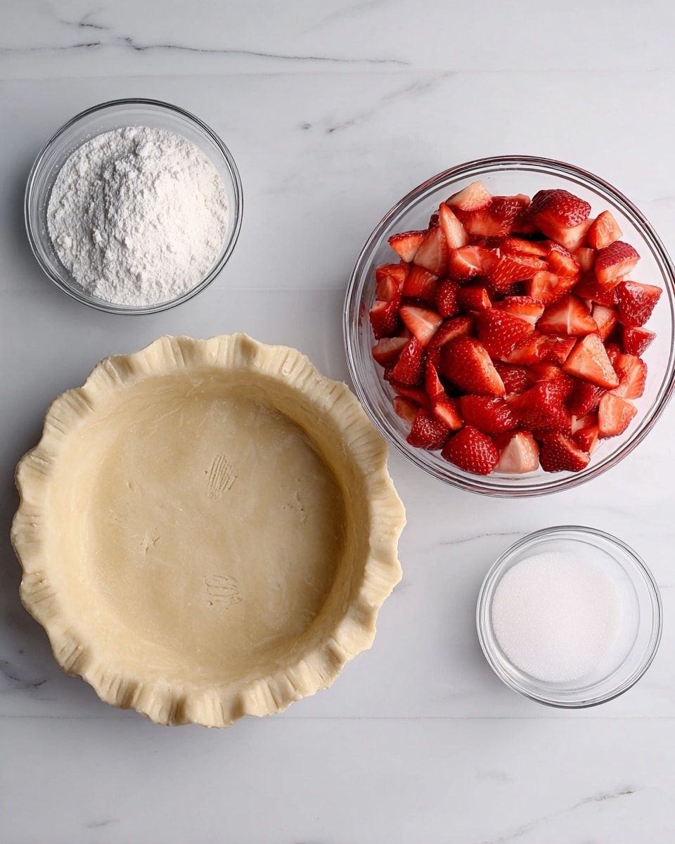 The image shows a top view of ingredients arranged on a white marbled surface. In the center is an empty pie crust with a light beige color and small fork marks inside. To the right, there is a clear glass bowl filled with bright red, chopped strawberries, showing their juicy texture. Above the pie crust is a small clear glass bowl with white powder, likely cornstarch. To the left of the pie crust, another clear glass bowl contains white granulated sugar. The colors are soft and natural, with the red strawberries providing a strong contrast. photo taken with an iphone --ar 4:5 --v 7