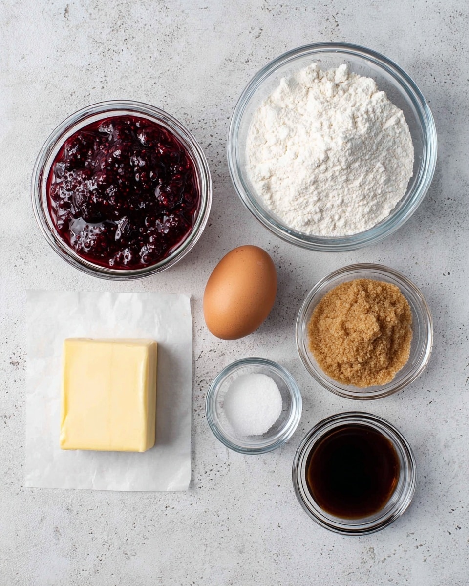 The image shows six separate ingredients arranged on a white marbled surface. On the left is a glass jar filled with dark red berry jam with visible seeds. Near the center top is a clear glass bowl filled with white flour, and next to it on the right is a single brown egg. Below the flour bowl to the right is a small glass bowl with light brown sugar, showing a crumbly texture. Below the egg is a tiny clear glass bowl with a white powder, likely salt. Centered at the bottom is a small piece of butter on white parchment paper, light yellow in color and rectangular in shape. On the bottom right is a small glass bowl containing a dark brown liquid, likely vanilla extract. Photo taken with an iphone --ar 4:5 --v 7