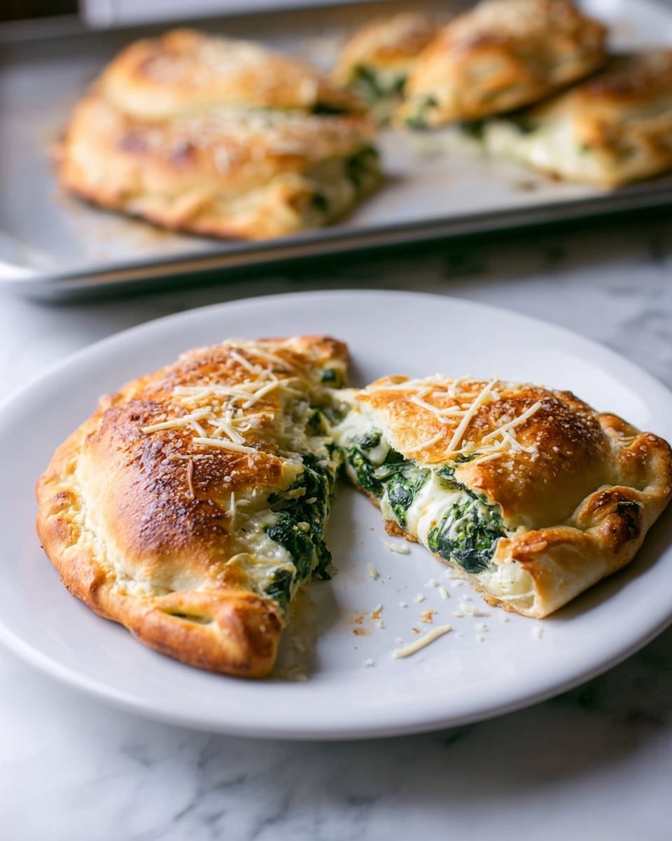 The image shows a white round plate on a white marbled surface holding two golden brown calzones with a baked, flaky crust. One calzone is whole and the other is cut in half, showing an inside layer of creamy white cheese mixed with dark green spinach. The crust has a slightly bubbly texture on top with some light browning, and shredded cheese is sprinkled over it. In the background, a metal baking tray with more calzones is placed on the same white marbled surface. The lighting highlights the warm, crispy texture of the calzones. Photo taken with an iphone --ar 4:5 --v 7