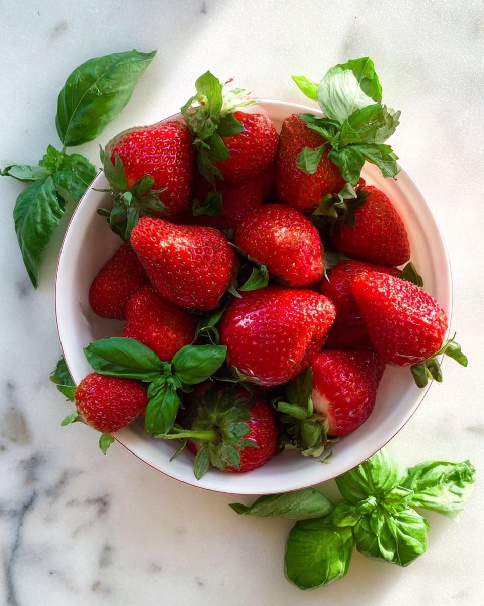 A white bowl filled with fresh, bright red strawberries that have green leaves on top. Around the strawberries, there are fresh green basil leaves scattered both inside and outside the bowl. The bowl is set on a white marbled surface with a few basil leaves placed casually nearby. The strawberries have a shiny, smooth texture reflecting light. photo taken with an iphone --ar 4:5 --v 7