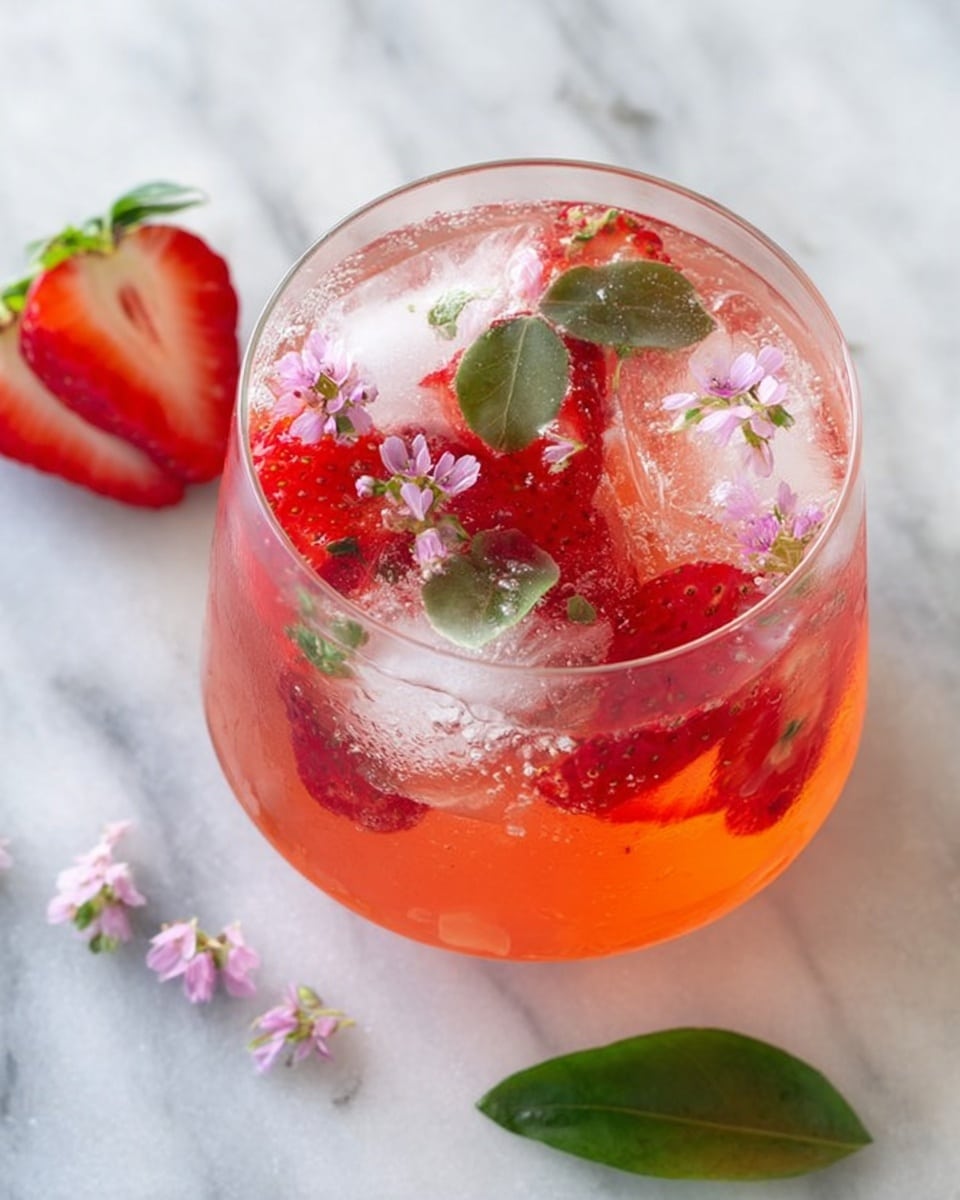 A clear glass filled with a light red drink, with large ice cubes inside. On the surface, there are bright red strawberry pieces, green fresh leaves, and tiny light pink flowers scattered around, creating a fresh and colorful look. The glass is placed on a white marbled surface with a halved strawberry and a green leaf nearby. photo taken with an iphone --ar 4:5 --v 7