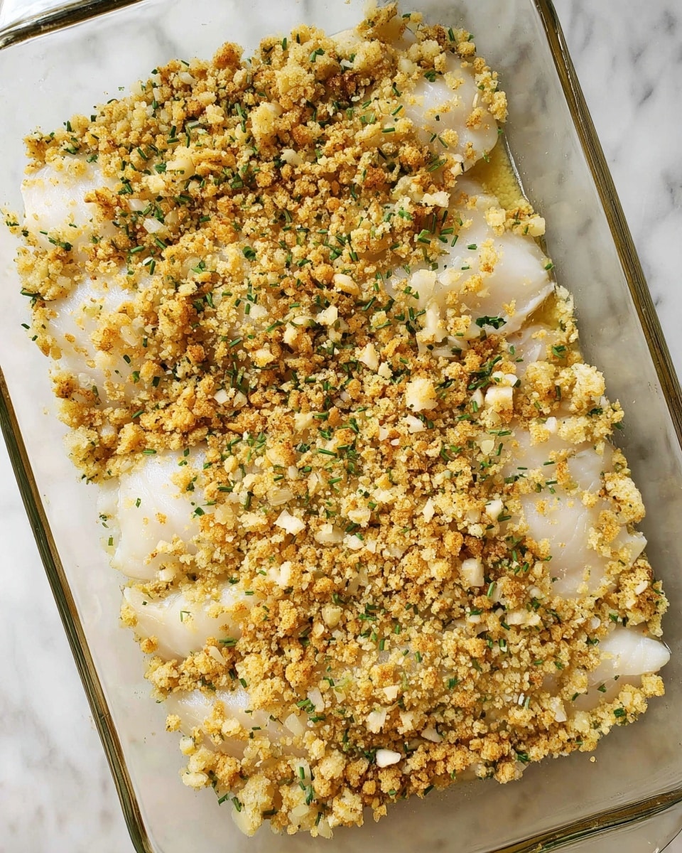 The image shows a clear rectangular glass baking dish filled with thin white fish fillets lying flat as the bottom layer. The top layer is a thick, uneven coating of light golden crumb mixture with small green herb bits spread all over, covering the fish completely. The crumb layer looks rough in texture with small chunks and granules visible. The background surface is a white marbled texture. photo taken with an iphone --ar 4:5 --v 7