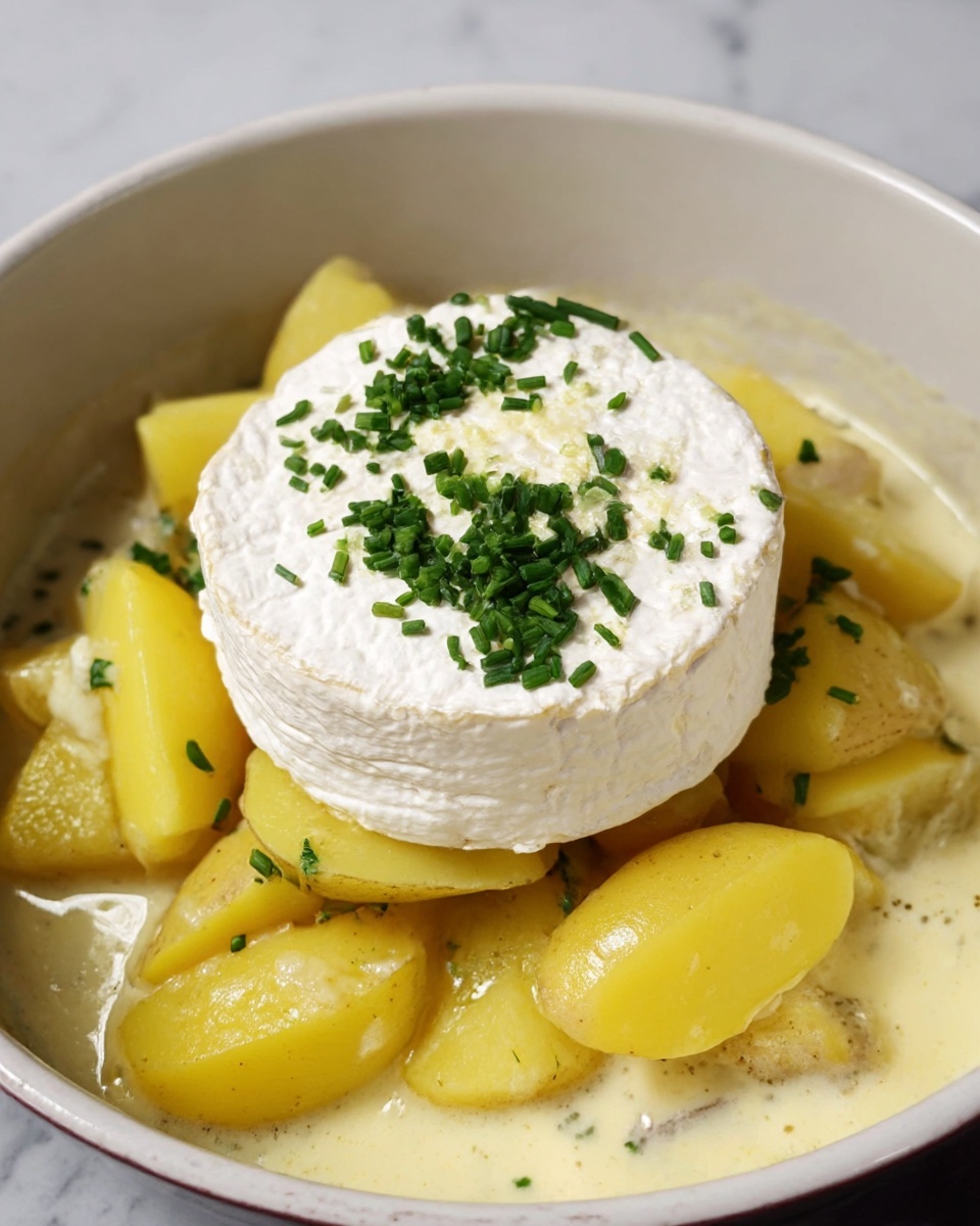 The image shows a white bowl filled with several pieces of cooked yellow potatoes with skin on, arranged in layers. On top of the potatoes, there is a round, thick slice of soft white herb cheese with a textured surface. Small bits of chopped green chives are sprinkled over the cheese and potatoes, adding a pop of color. A creamy liquid with a smooth texture surrounds the potatoes at the bottom of the bowl, making the dish look rich and fresh. The bowl is placed on a white marbled surface. photo taken with an iphone --ar 4:5 --v 7