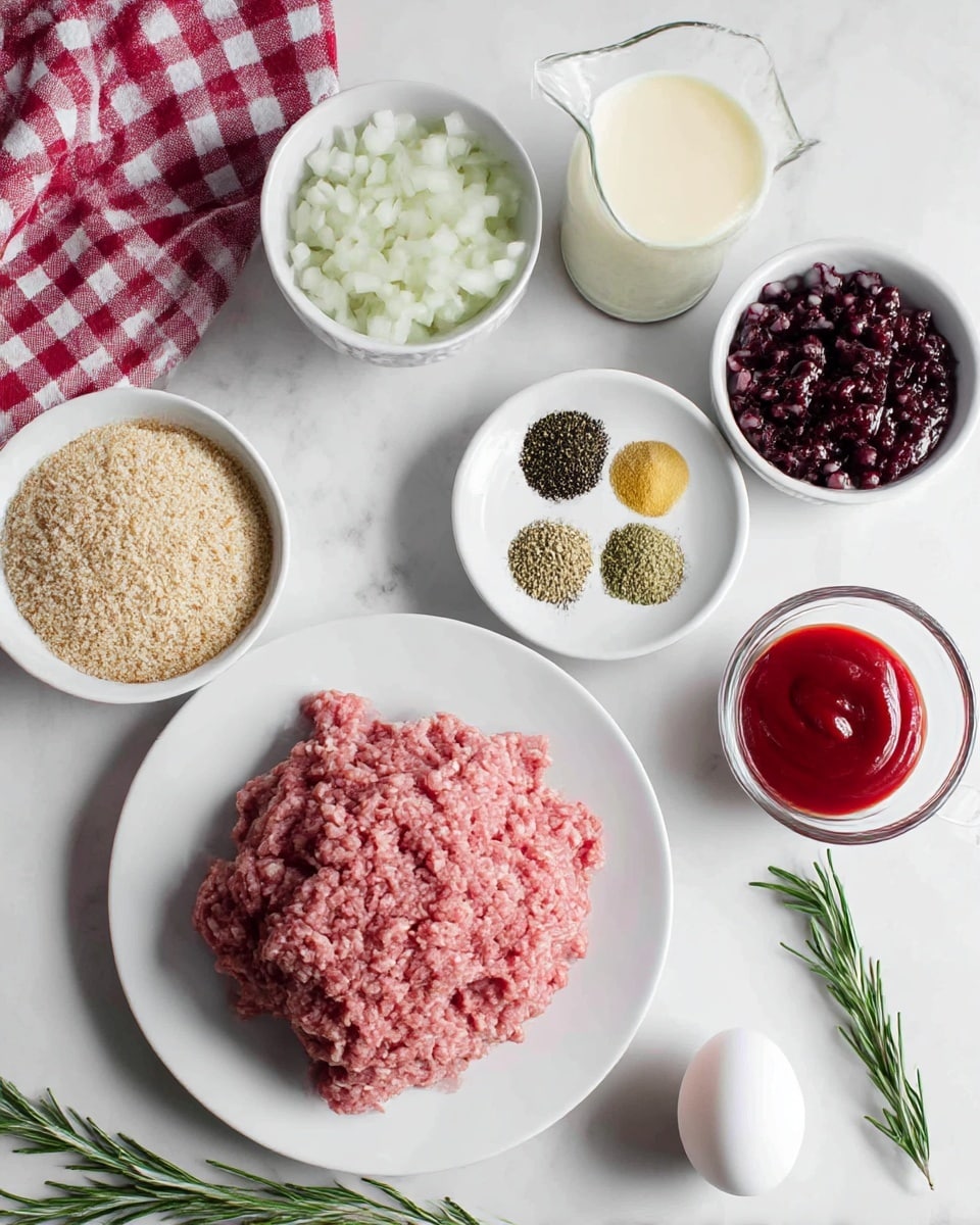A white plate in the center holds a mound of pink ground meat with a coarse texture. Around it, several white bowls and small dishes are arranged on a white marbled surface: a bowl with finely chopped white onions, a bowl with dark red chopped ingredients, a small dish with three types of spices in white, black, and yellow colors, another dish with dried green herbs, a bowl filled with light tan breadcrumbs, and a small bowl with bright red ketchup-like sauce. A glass container with creamy white sauce and a white egg in a white egg cup are also part of the setup. A green sprig of rosemary lies near the bottom on the white marbled surface, and a red and white checkered cloth is visible in the upper left corner. Photo taken with an iphone --ar 4:5 --v 7