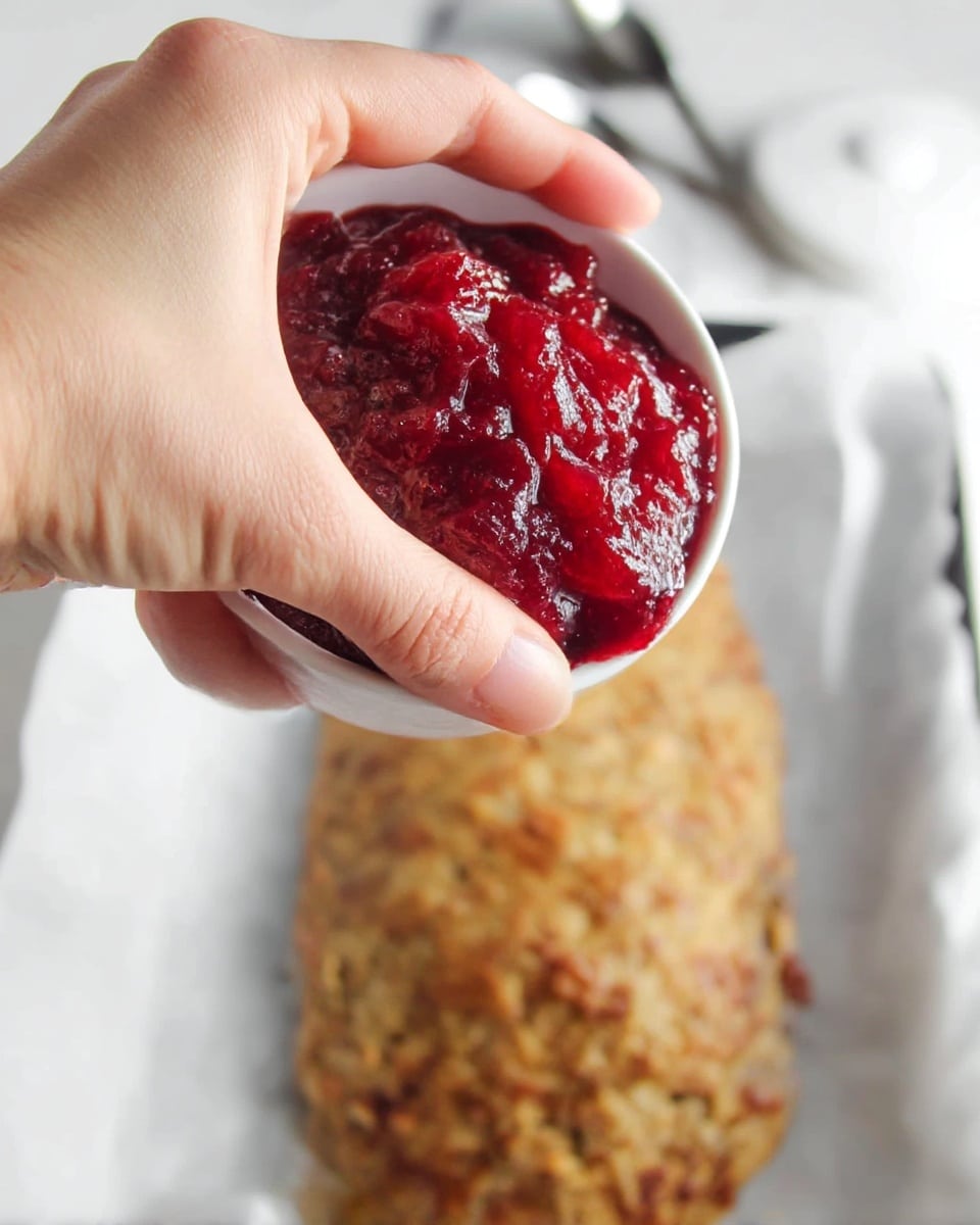 A close-up shot shows a white bowl held by a woman's hand, filled with thick, bright red cranberry sauce that has a chunky texture and a shiny surface. Below the bowl, there is a large, flat baked item with a golden-brown crust that looks slightly rough and uneven, resting on a white parchment paper-lined tray. The background shows a white marbled surface with blurred items, including what appears to be a spoon and a white lid. The overall image has a soft, natural light and a clean look. photo taken with an iphone --ar 4:5 --v 7