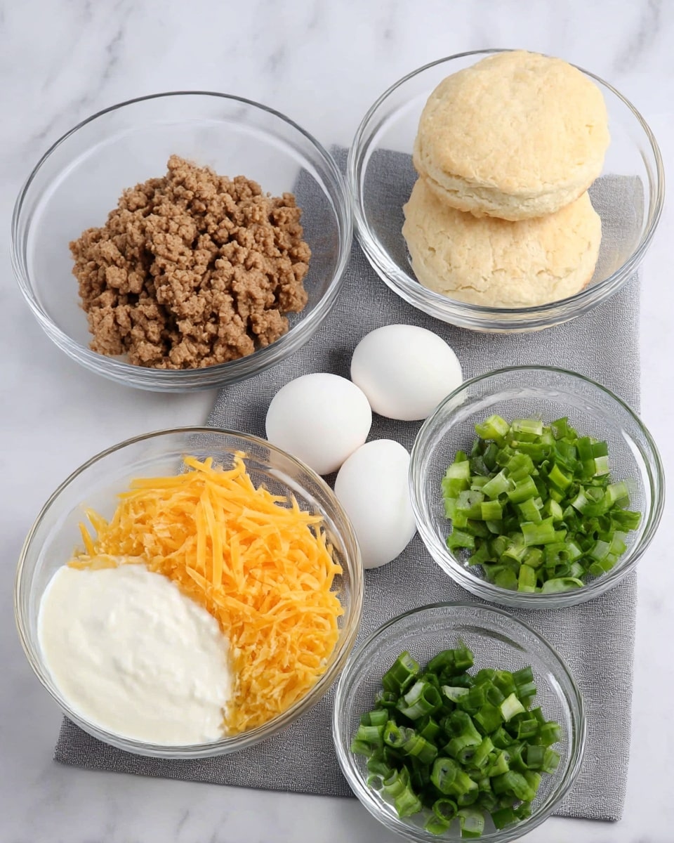 The image shows six clear glass bowls arranged on a white marbled surface with a gray cloth under two of the bowls. The top left bowl holds cooked ground meat in small, crumbly brown pieces. To its right, another bowl contains two round biscuits stacked, showing a light beige, fluffy texture. Below the meat bowl, three white eggs rest directly on the surface. At the bottom center, there is a bowl with shredded yellow cheese, with thin and soft strands. To the left of that, a bowl filled with white creamy liquid, smooth in texture, is placed. The bottom right bowl holds chopped green onions, bright in color with a mix of small rings and pieces, showing fresh green shades. Photo taken with an iphone --ar 4:5 --v 7
