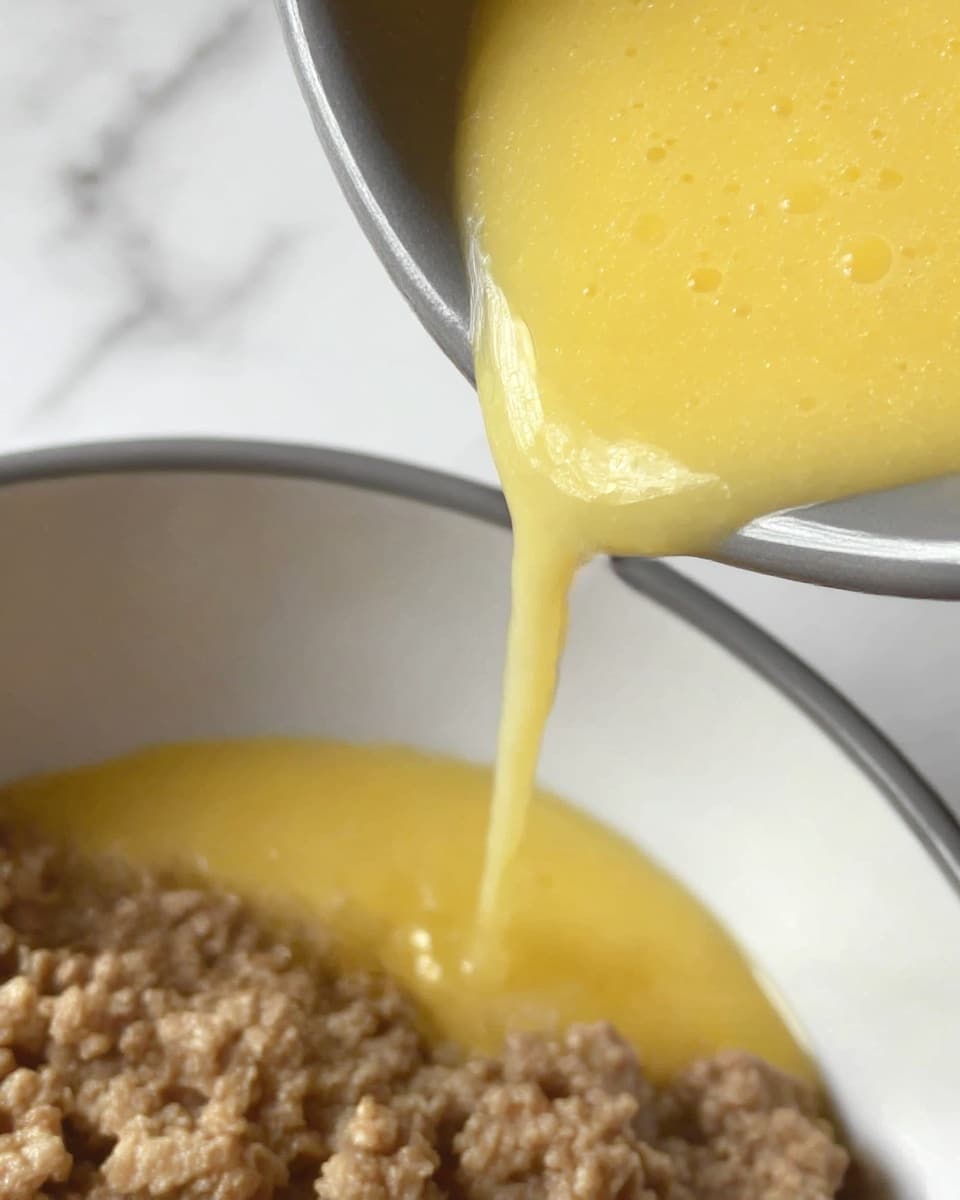 A close-up view of a thick, yellow liquid with small bubbles being poured from a gray bowl into a white bowl below that contains light brown cooked ground meat with a crumbly texture, all set on a white marbled surface photo taken with an iphone --ar 4:5 --v 7