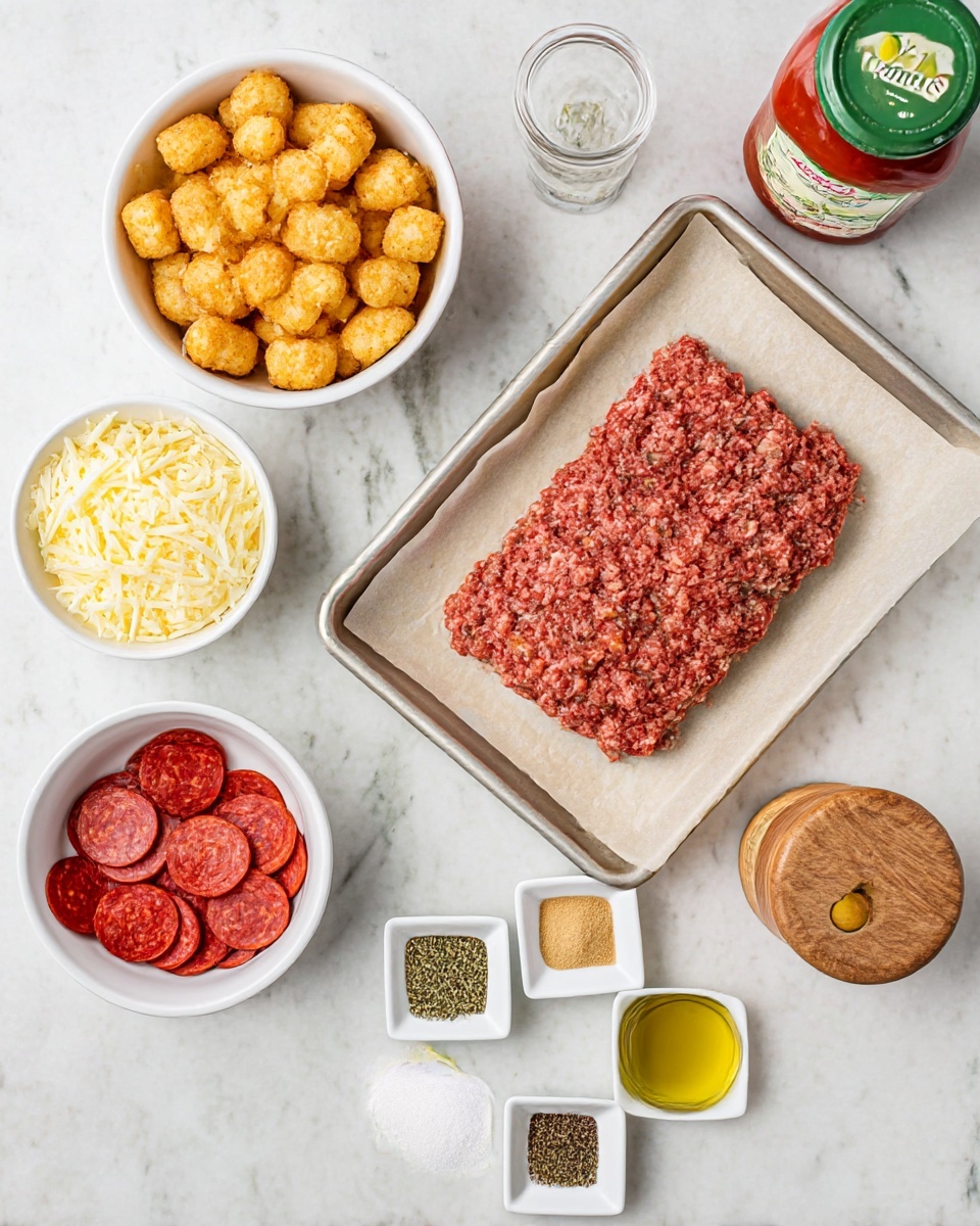 Pepperoni Pizza Tater Tot Casserole Recipe 4 The image shows several ingredients neatly arranged on a white marbled surface. In the center, there is a rectangular tray with parchment paper holding a layer of raw ground meat, its texture is chunky and reddish-pink. Above the tray, a white bowl is full of golden brown tater tots that look crispy. To the left of the tots, there is a white bowl filled with shredded pale yellow cheese. Below the meat tray, there is a white bowl with round red pepperoni slices stacked neatly. Next to it, a smaller white bowl contains light yellow grated cheese, while another small white bowl holds clear golden olive oil with a green olive illustration on the surface. Three tiny white square dishes contain different seasonings: one with granulated light tan powder, one with black ground pepper, and one with dried green herbs. At the top right, there is a clear glass jar with red pizza sauce and a green lid. Next to it is a small round wooden container with a wooden spoon, holding coarse white salt. The whole scene is bright and clean, with a focus on the colors and textures of the ingredients. photo taken with an iphone --ar 4:5 --v 7