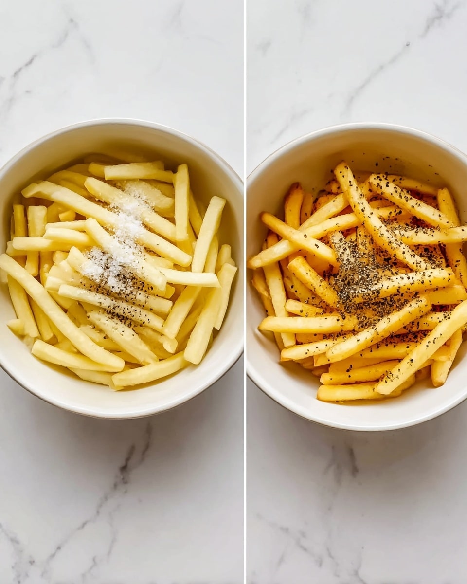 The image shows two white bowls on a white marbled surface. The left bowl is filled with raw potato sticks that are light yellow, topped with a small pile of salt and scattered black pepper. The right bowl contains cooked potato sticks that are golden yellow with a slightly crispy texture, also sprinkled with black pepper. Both bowls have a simple and clean look with the focus on the potatoes. Photo taken with an iphone --ar 4:5 --v 7
