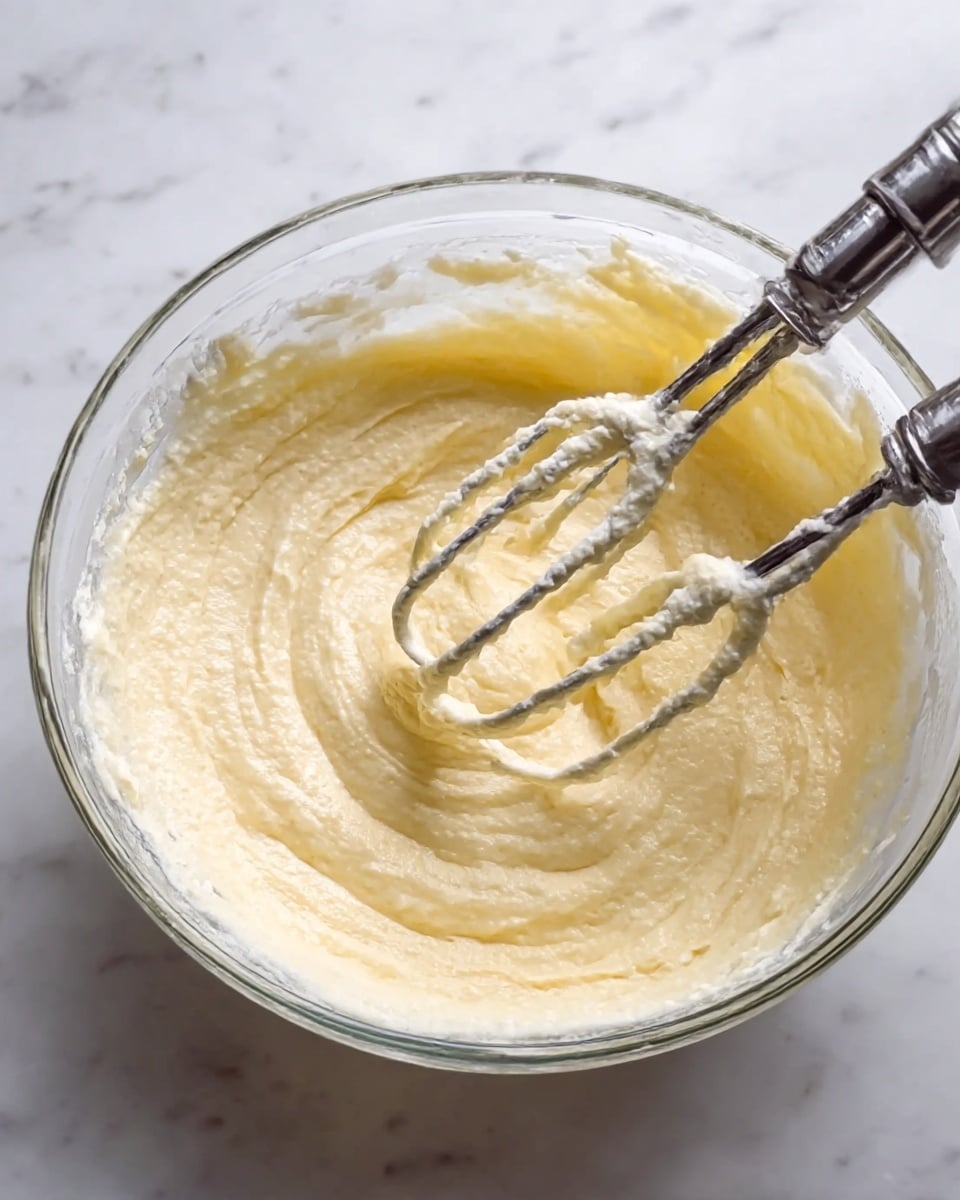 A clear glass mixing bowl filled with a thick, pale yellow batter that has a slightly grainy texture. Two metal beaters covered in the same batter rest inside the bowl, showing batter dripping and swirled around the edges. The bowl is placed on a white marbled surface, the batter swirls create soft peaks and waves throughout its surface. The lighting highlights the smooth and creamy consistency of the mix. photo taken with an iphone --ar 4:5 --v 7