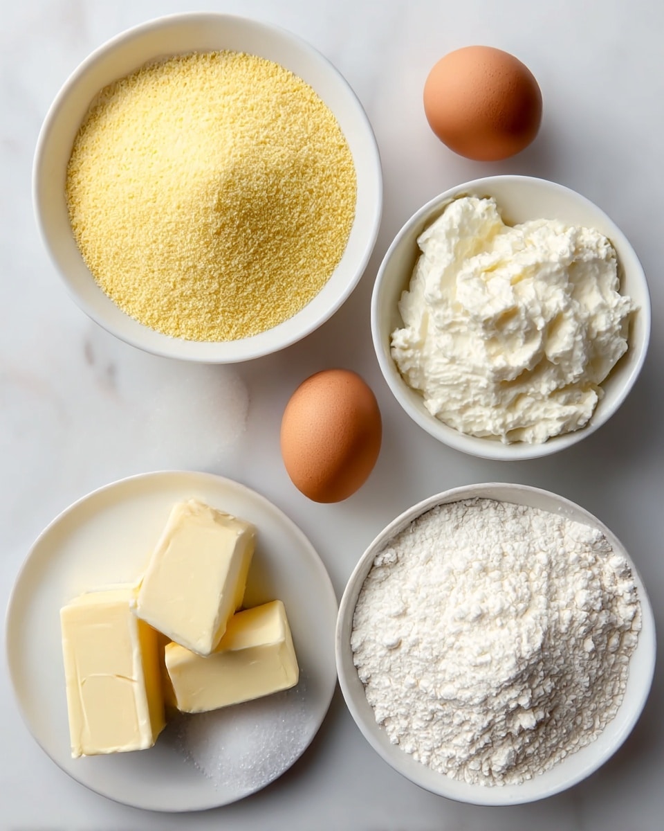 The image shows six cooking ingredients arranged on a white marbled surface. There is a white bowl filled with fine yellow cornmeal at the top left. To its right are two brown eggs placed on the white marbled surface. Below the eggs, a white bowl holds a fluffy white cream cheese. At the bottom right, a white bowl is filled with white flour. To the left of the flour bowl, two blocks of pale yellow butter sit on a small white plate. Near the bottom left corner, a small white bowl contains granulated white sugar. The items are neatly placed in a slightly curved arrangement, with smooth textures and soft natural light highlighting each ingredient photo taken with an iphone --ar 4:5 --v 7
