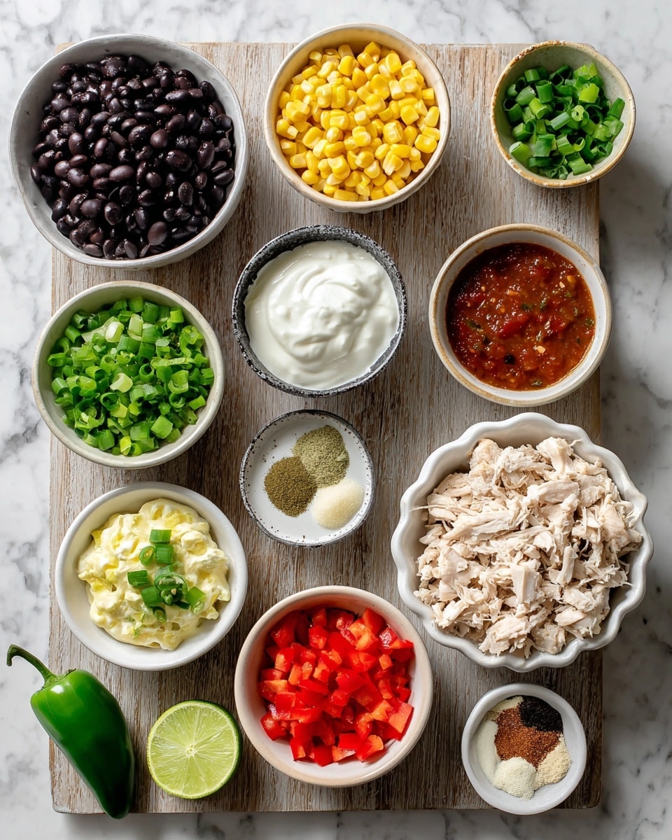 Top view of many small white bowls and one white scalloped dish on a white marbled surface. The bowls contain different ingredients: black beans (dark and shiny), canned corn (yellow and white kernels), salsa (red chunky sauce), Greek yogurt (smooth white), chopped green onions (bright green rings), chopped rotisserie chicken (light beige chunks in a bigger bowl), chopped red bell pepper (small bright red pieces), chopped jalapeno (small green cubes), taco seasoning (brown powder in a tiny bowl), mayo (white creamy dollop), and ranch powder (off-white powder in a scalloped dish). Two lime halves (green) are placed beside the chicken bowl, and a whole jalapeno is near the bottom. The wooden board is mostly out of frame. photo taken with an iphone --ar 4:5 --v 7