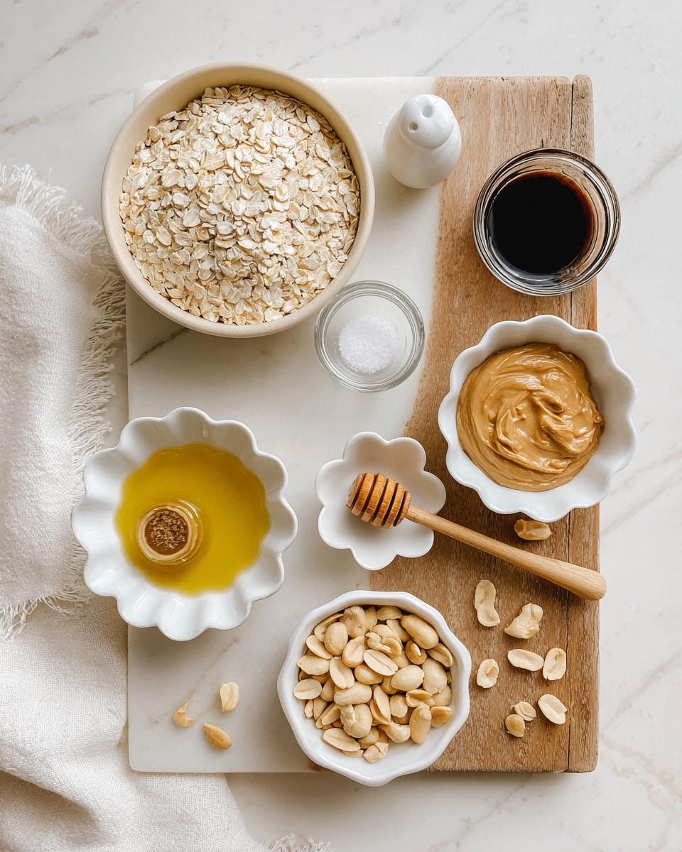 The image shows seven ingredients placed on a white marbled surface with a small wooden board. At the top left, a wide bowl filled with pale creamy oats is visible. To its right, there is a small clear glass container holding dark brown vanilla extract. A small white salt shaker is placed beside the vanilla. Below the vanilla and salt, a small white flower-shaped dish contains golden olive oil. At the bottom left, a white scalloped bowl holds golden honey with a honey dipper inside. To the right of the honey, a white bowl filled with light brown peanut butter with smooth texture sits on the wooden board. Below the peanut butter, a small white bowl is filled with shelled pale beige peanuts scattered slightly around the bowl on the wooden board. A folded white cloth with fringed edges rests at the lower left corner. The scene is clean, simple, and well-lit, photo taken with an iphone --ar 4:5 --v 7