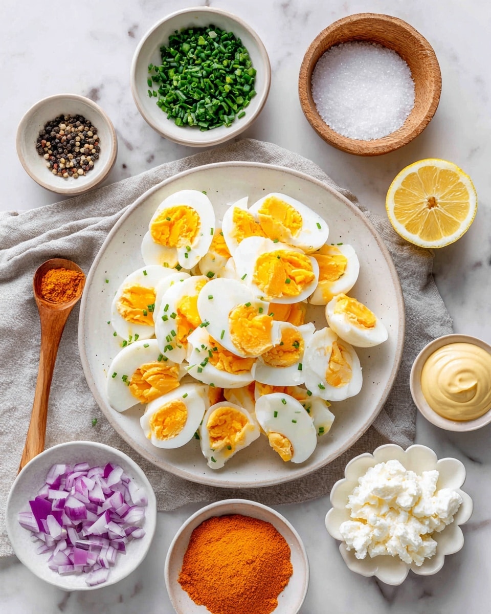 A white round plate filled with roughly chopped hard boiled eggs showing bright orange yolks and white edges is placed on a light gray cloth on a white marbled surface. Around the plate, there are several small white bowls and a small round wooden bowl, each holding different ingredients: a small white bowl with bright orange paprika powder at the top right, a wooden bowl filled with coarse white salt with a wooden spoon on the right, a white bowl with fresh green chopped chives near the center, a cut lemon half showing its yellow interior on the right side, a small bowl with creamy white cottage cheese at the bottom right, a small flower-shaped white dish with pale yellow Dijon mustard at the bottom center, a wooden bowl with finely chopped red onion showing purple and white pieces on the lower left, and a small white bowl with coarsely ground black pepper and a wooden spoon on the left. The overall setting is bright with a clean white marbled background and soft natural light. photo taken with an iphone --ar 4:5 --v 7