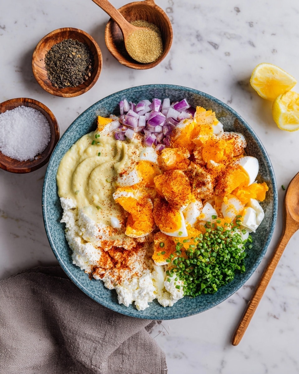 In a round blue bowl placed on a white marbled surface with a gray cloth underneath, there are roughly seven visible layers of food arranged separately. Starting from the bottom left, there is a white textured layer of cottage cheese sprinkled with paprika. Next to it on the left side is a thick dollop of pale yellow mustard. Moving clockwise, chunks of egg whites with bright orange yolks are scattered along the top and right side of the bowl, with diced red onions adding a purple touch directly on top near the upper edge. At the bottom right, finely chopped green chives create a small pile. The entire bowl's contents are dusted lightly with paprika and black pepper. Nearby, on the white marbled surface, are a small bowl of black pepper, a wooden bowl of coarse salt with a wooden spoon, and a partially visible lemon wedge. Photo taken with an iphone --ar 4:5 --v 7