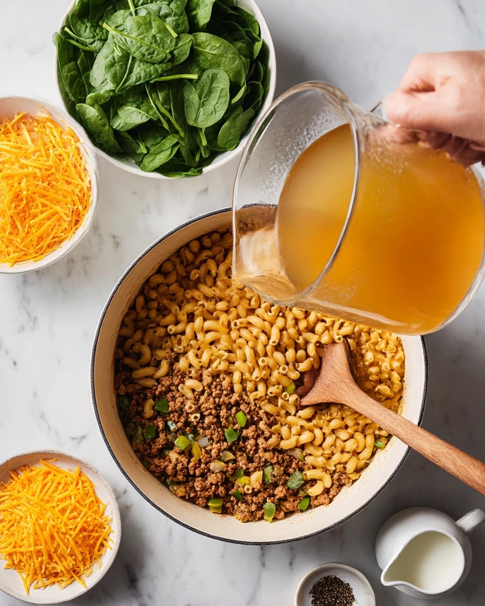 In the center, there is a white cooking pot filled with three layers: the bottom layer shows browned ground meat mixed with small pieces of green and yellow vegetables and onions, the middle layer has uncooked elbow macaroni in a light orange color, and a wooden spoon is partly under the pasta. A woman's hand is pouring a light amber broth from a clear measuring cup into the pot. Above the pot, there is a white bowl filled with bright green spinach leaves, and to the left, another white bowl contains shredded orange cheddar cheese. To the right of the pot, there is a small white plate with black pepper and a small white creamer with milk at the bottom, all set on a white marbled surface. Photo taken with an iphone --ar 4:5 --v 7