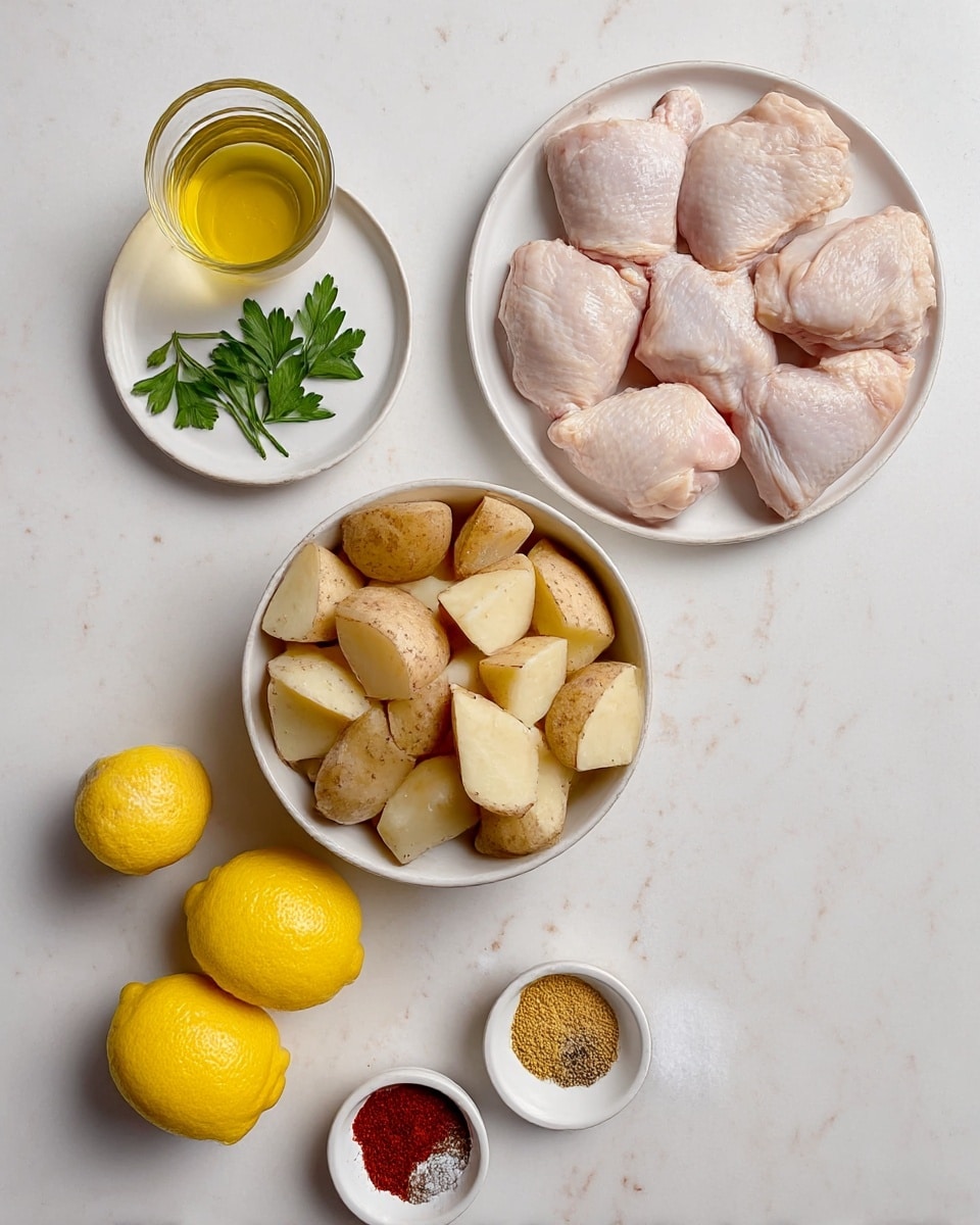 The image shows an overhead view of simple cooking ingredients placed on a white marbled surface. At the top right, there is a white plate with five raw chicken pieces that have light pink skin. Below that, a white bowl is full of medium-sized potato chunks with brown skin and creamy inside. To the left, there is a small white plate with a few green parsley leaves. Above it, a glass cup has a golden-yellow liquid, likely oil. At the bottom left, two bright yellow whole lemons rest next to a small bowl with mixed spices that include a yellow powder, red powder, and black seasoning. Finally, near the bottom center, a smaller bowl holds white salt and black pepper together. photo taken with an iphone --ar 4:5 --v 7