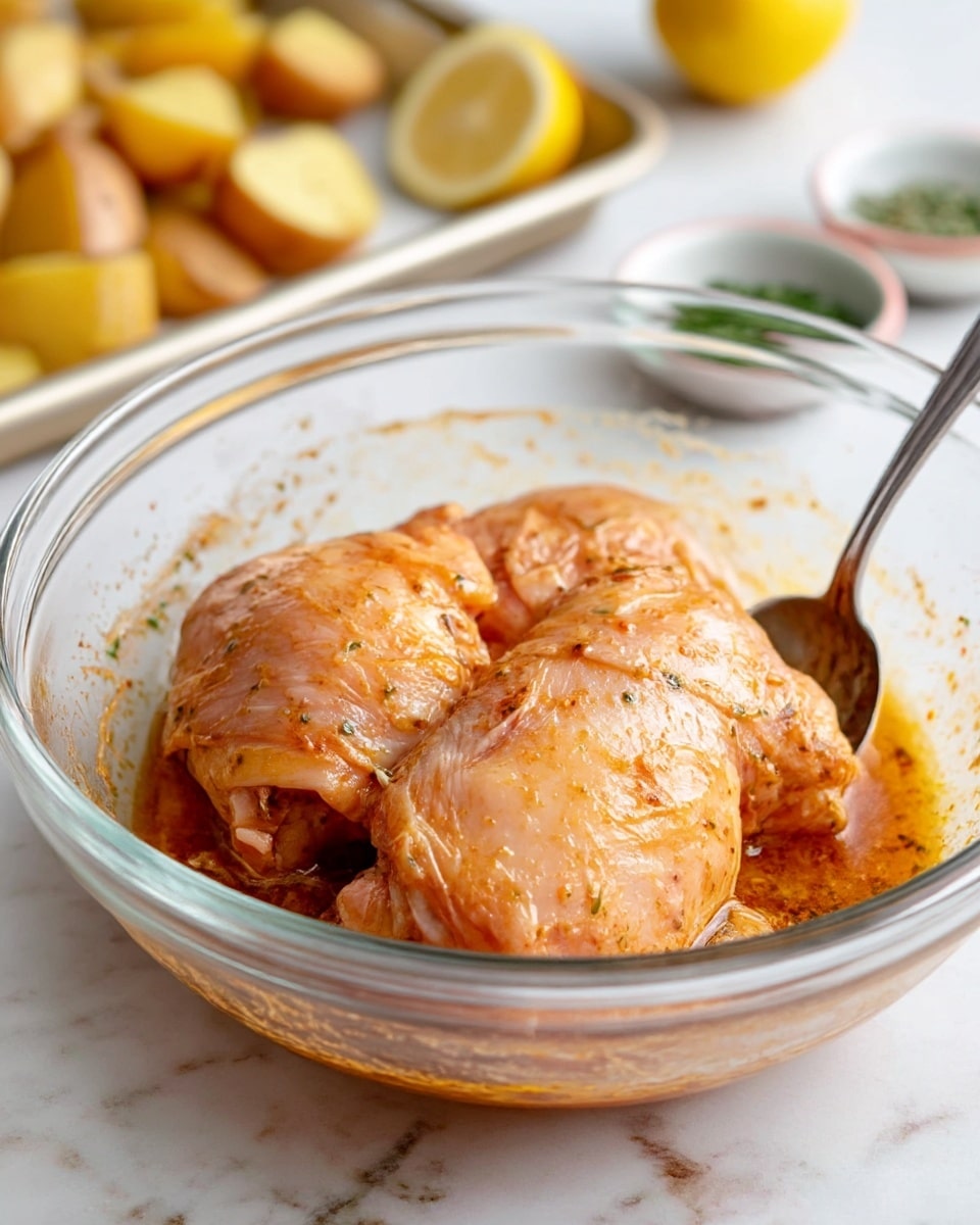 A clear glass bowl holds three raw chicken thighs coated in a light orange marinade with visible herbs and spices, giving the skin a slightly shiny and textured look. Inside the bowl, a silver spoon rests on the right side, partially submerged in the marinade. The bowl sits on a white marbled surface, and in the background, there is a blurred tray with roasted potato pieces and a yellow lemon, along with small bowls that contain green herbs, enhancing the cooking scene. Photo taken with an iphone --ar 4:5 --v 7