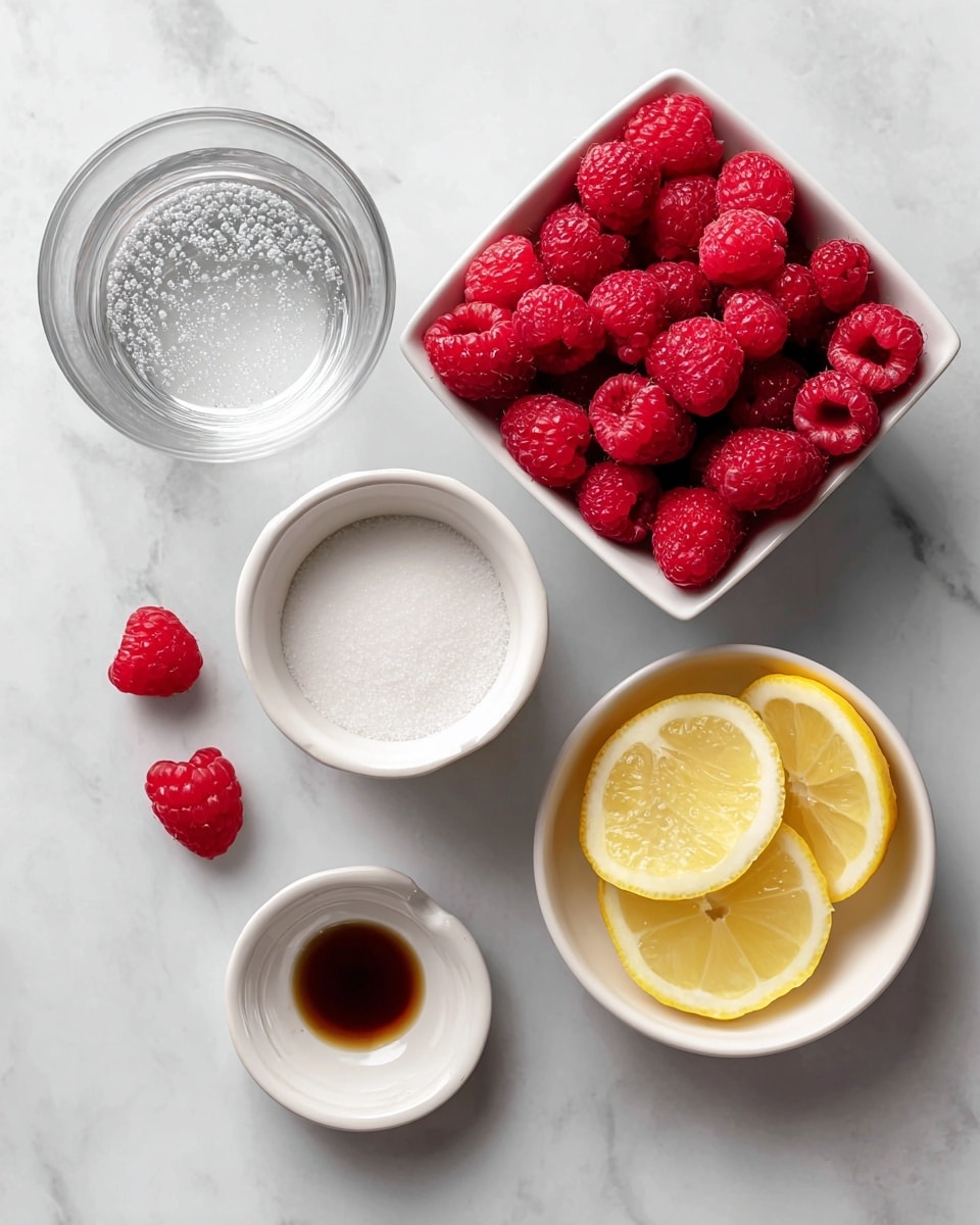 A top view of five ingredients arranged on a white marbled surface: a white square bowl filled with fresh, bright red raspberries, a white cup holding fine white sugar with a bubbly texture on the surface, a clear glass cup filled with water, a small white round bowl with three bright yellow lemon wedges, and a tiny white round dish with dark brown vanilla extract. A few scattered raspberries lie between the bowls, adding a natural touch. photo taken with an iphone --ar 4:5 --v 7