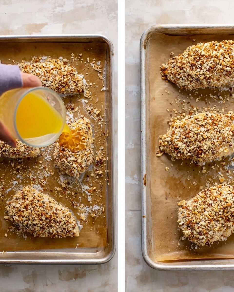 The image shows two steps of cooking on a metal baking tray with brown parchment paper over a white marbled surface. On the left side, a woman's hand is pouring a yellow liquid over pieces of chicken coated with a mixture of chopped nuts and crumbs, giving a rough textured layer that covers the chicken evenly. The chicken pieces have a light beige color under the nut coating. On the right side, there are three chicken pieces already coated with the nut mixture, showing a crunchy light brown and beige nut texture all over, ready to be cooked. The baking tray and nut coating give the scene a home cooking feel. photo taken with an iphone --ar 4:5 --v 7