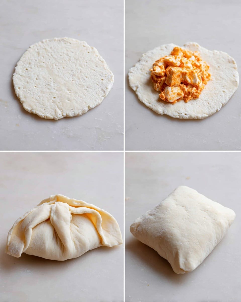 A sequence of four images shows the process of making a filled dough parcel on a white marbled surface. The first image displays a flat, round dough piece that is white and slightly textured with small bubbles. The second image shows a dollop of orange creamy filling with chunks placed slightly off-center on the dough. In the third image, the dough is partially folded over the filling, pinched at the top to create pleats while leaving the bottom rounded and puffy. The fourth image shows the final parcel fully sealed into a smooth, rounded square shape with a soft texture. photo taken with an iphone --ar 4:5 --v 7