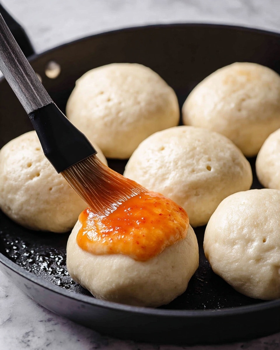 The image shows seven light tan dough balls placed evenly inside a black pan, all with a smooth texture and slight air bubbles on the surface. A black brush is spreading a shiny, bright orange sauce on the top of one dough ball in the front center. The pan has a lightly oily surface that reflects some light. The background features a white marbled texture. Photo taken with an iphone --ar 4:5 --v 7