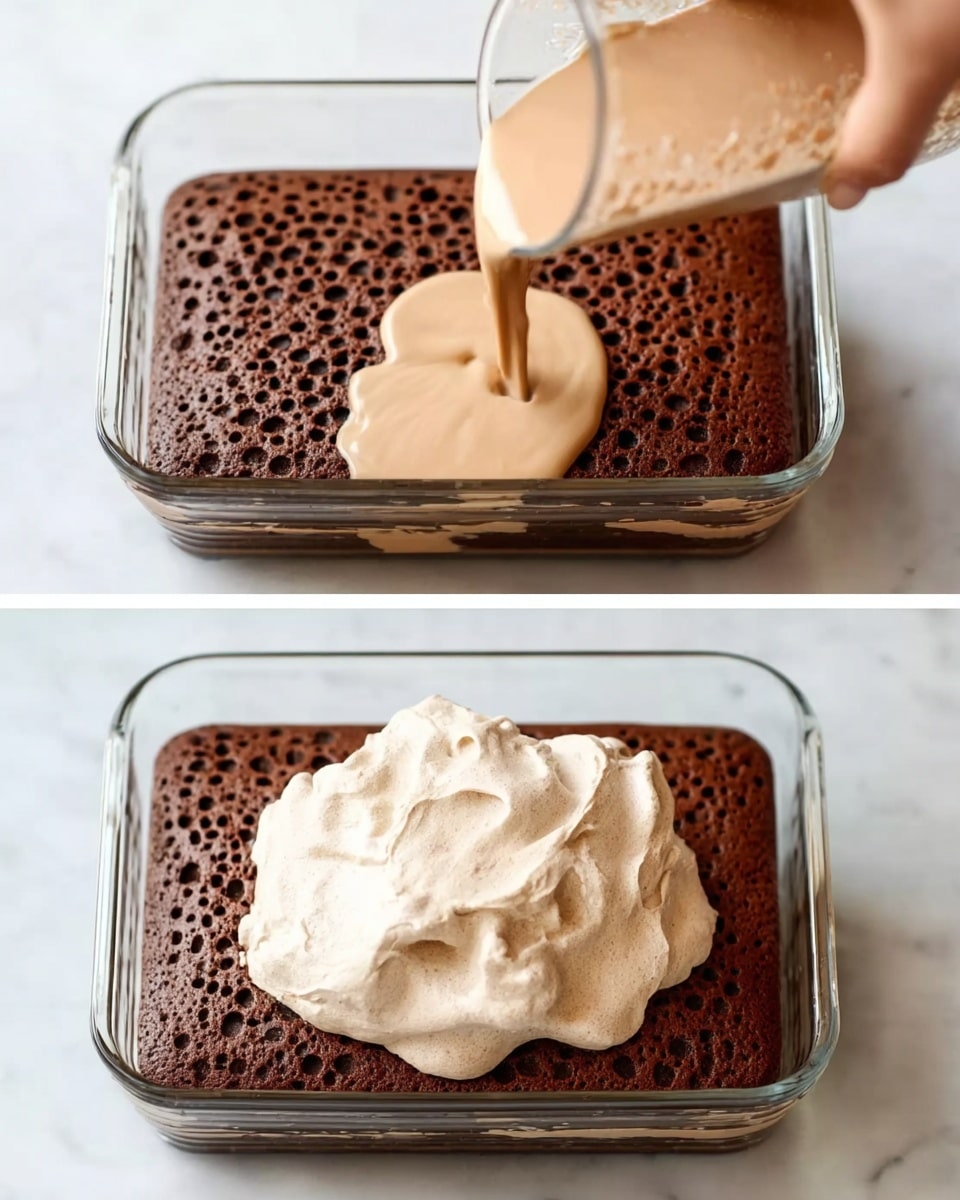A clear rectangular glass baking dish filled with a dark brown chocolate cake that has many small holes on the surface. A woman’s hand is pouring a light brown creamy liquid evenly over the cake in the first part of the image. In the second part, the cake is topped with a large dollop of thick, light brown cream placed roughly in the center, showing its smooth and fluffy texture. The dish is set on a white marbled surface. photo taken with an iphone --ar 4:5 --v 7