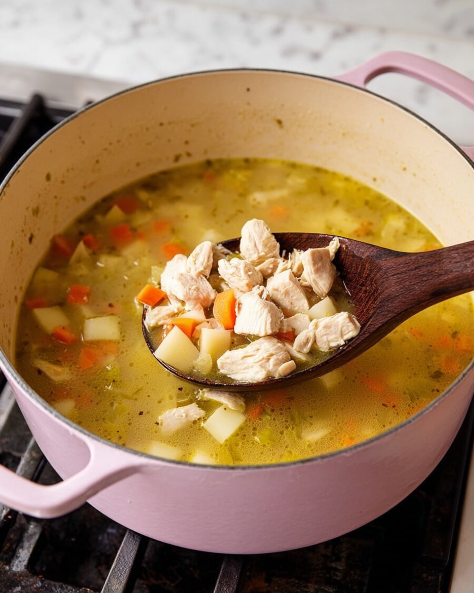 The image shows a light pink pot filled with chicken soup on a stove. The soup has a clear yellowish broth with visible small pieces of orange carrot and green celery floating within it. On top of the soup, there are many chunks of cooked chicken, pale beige in color, and some pale yellow pieces that appear to be potatoes or similar vegetables. A dark wooden spoon is lifting some of the chicken and vegetables, showing the texture clearly. The pot is placed on a stove with a white marbled surface around it. Photo taken with an iphone --ar 4:5 --v 7