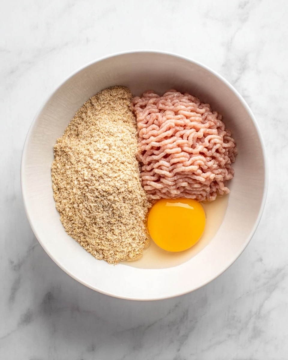 A white bowl on a white marbled surface holds three main layers side by side: on the left is a light brown, fine crumb layer, in the middle is pale pink ground meat with visible ridges, and on the right is a raw egg with a bright yellow yolk surrounded by clear, thick egg white. The ingredients are neatly arranged without mixing photo taken with an iphone --ar 4:5 --v 7