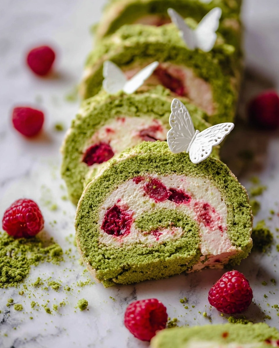 The image shows several slices of a green sponge roll cake with a creamy pink filling that has red raspberry pieces inside. The cake is rolled so the green outer layer surrounds the pink cream, and the red raspberries add bright spots within the cream layer. There are white paper butterflies placed on the green sponge cake, adding a delicate decoration. Fresh raspberries and green crumbs are scattered on a white marbled surface around the cake slices. The photo taken with an iphone --ar 4:5 --v 7