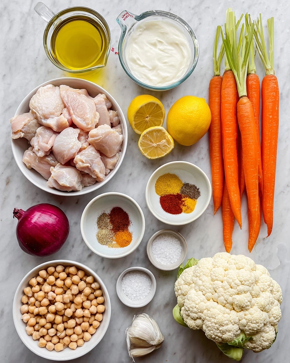 The image shows several fresh ingredients arranged neatly on a white marbled surface. In the bottom left corner, there is a white bowl filled with pieces of raw chicken. Above it, a measuring cup holds a white creamy ingredient. To the right of the chicken, two long orange carrots with green tops rest side by side. Above the carrots, two whole lemons are placed, one sliced in half showing the juicy yellow inside. Next to the lemons, a small white bowl contains coarse salt. To the left of the salt, another small white bowl is filled with a mix of five colorful spices, including red, brown, and yellow powders, arranged in sections. Above the spices, a glass bottle holds yellow olive oil. On the left, a white bowl contains light beige chickpeas. Above the chickpeas, a whole red onion and three garlic cloves are placed, while on the top right corner sits a whole white cauliflower. The overall arrangement is clean and bright. photo taken with an iphone --ar 4:5 --v 7