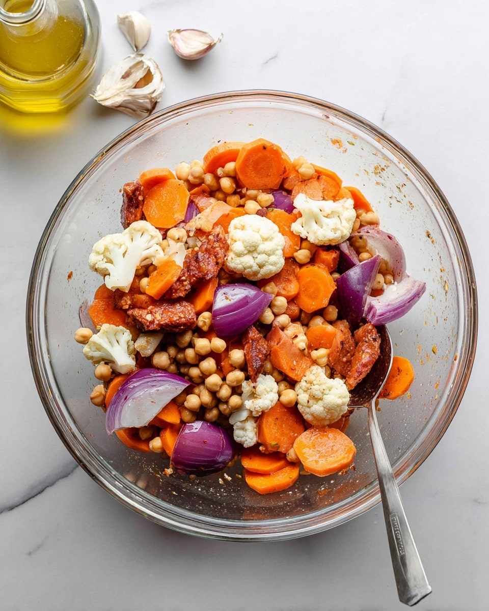 A clear glass bowl is filled with a mix of chopped raw vegetables and pieces of marinated meat. The bowl contains bright orange sliced carrots, pale white cauliflower florets, and chunks of purple-red onion with white inner layers. Small round light brown chickpeas are scattered evenly throughout. The marinated meat pieces are reddish-brown and slightly shiny, mixed in with the vegetables. A metal spoon is partially visible on the right side inside the bowl. In the background, there is a white marbled surface with a bulb of garlic broken into cloves and a clear glass bottle of yellow olive oil. Photo taken with an iphone --ar 4:5 --v 7