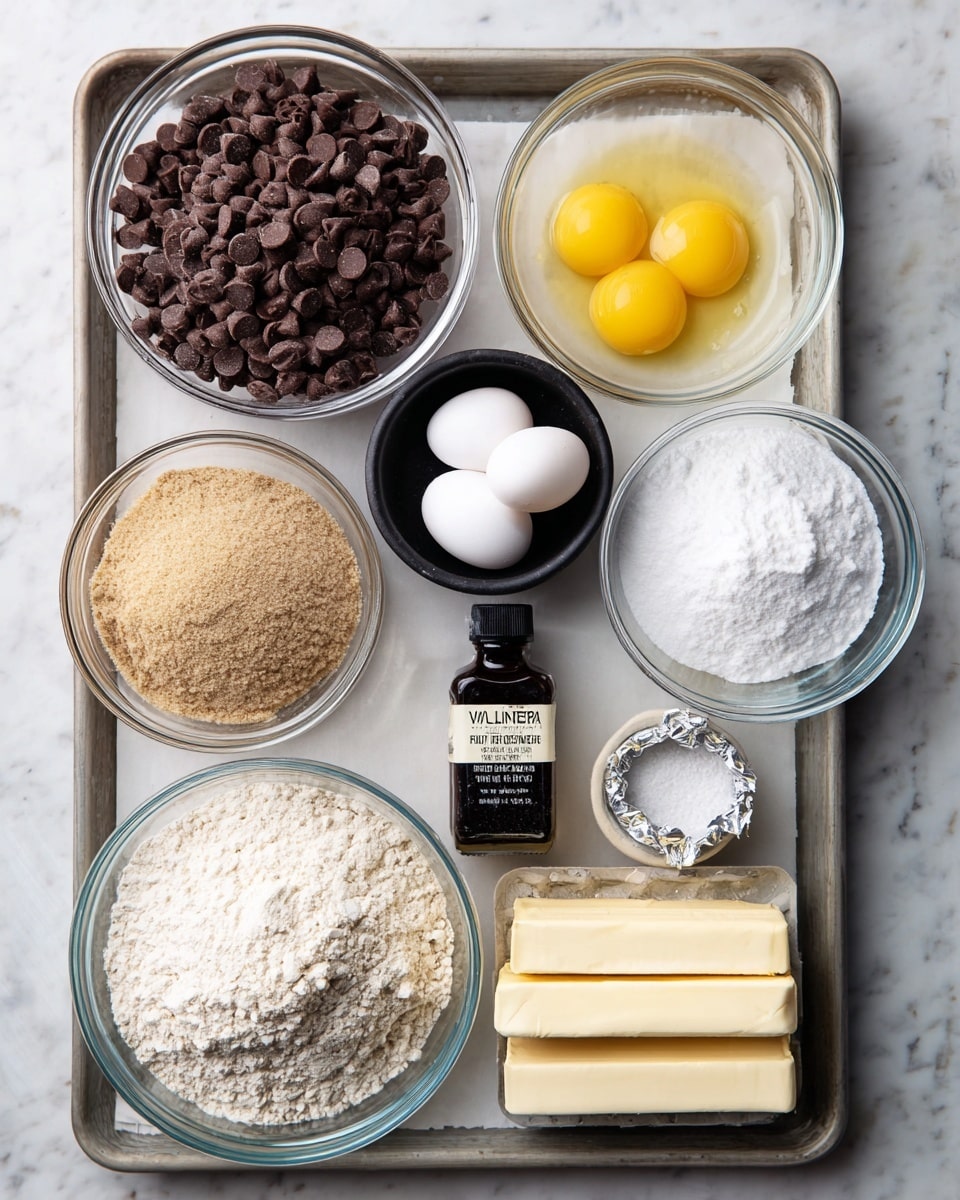 The image shows a baking tray with eight small white and clear glass bowls containing different ingredients placed on a white marbled surface. From the top left, there is a clear bowl filled with plenty of dark brown chocolate chips, next to it is a clear bowl with two raw bright yellow egg yolks and egg whites. A small black bowl filled with white powder, likely baking soda or baking powder, sits in the middle. To the right is a clear bowl with white granulated sugar. Below that sugar bowl is a piece of black bottle labeled