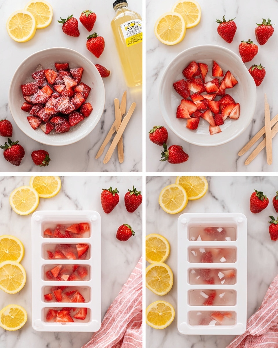 The image shows the process of making strawberry lemon ice pops in three steps on a white marbled surface. The first step has a white bowl filled with chopped red strawberries topped with white sugar, surrounded by whole fresh strawberries, wooden popsicle sticks, and a bottle of light yellow lemonade. The second step shows a white popsicle mold filled with layers of chopped red strawberries inside each slot, ready to be filled with liquid. The last step displays the white popsicle mold again, now filled with a translucent pinkish mixture with bits of red strawberry and small white pieces on top, ready to freeze. The scene is bright with natural lighting and includes sliced yellow lemons and a pink-striped cloth. Photo taken with an iphone --ar 4:5 --v 7