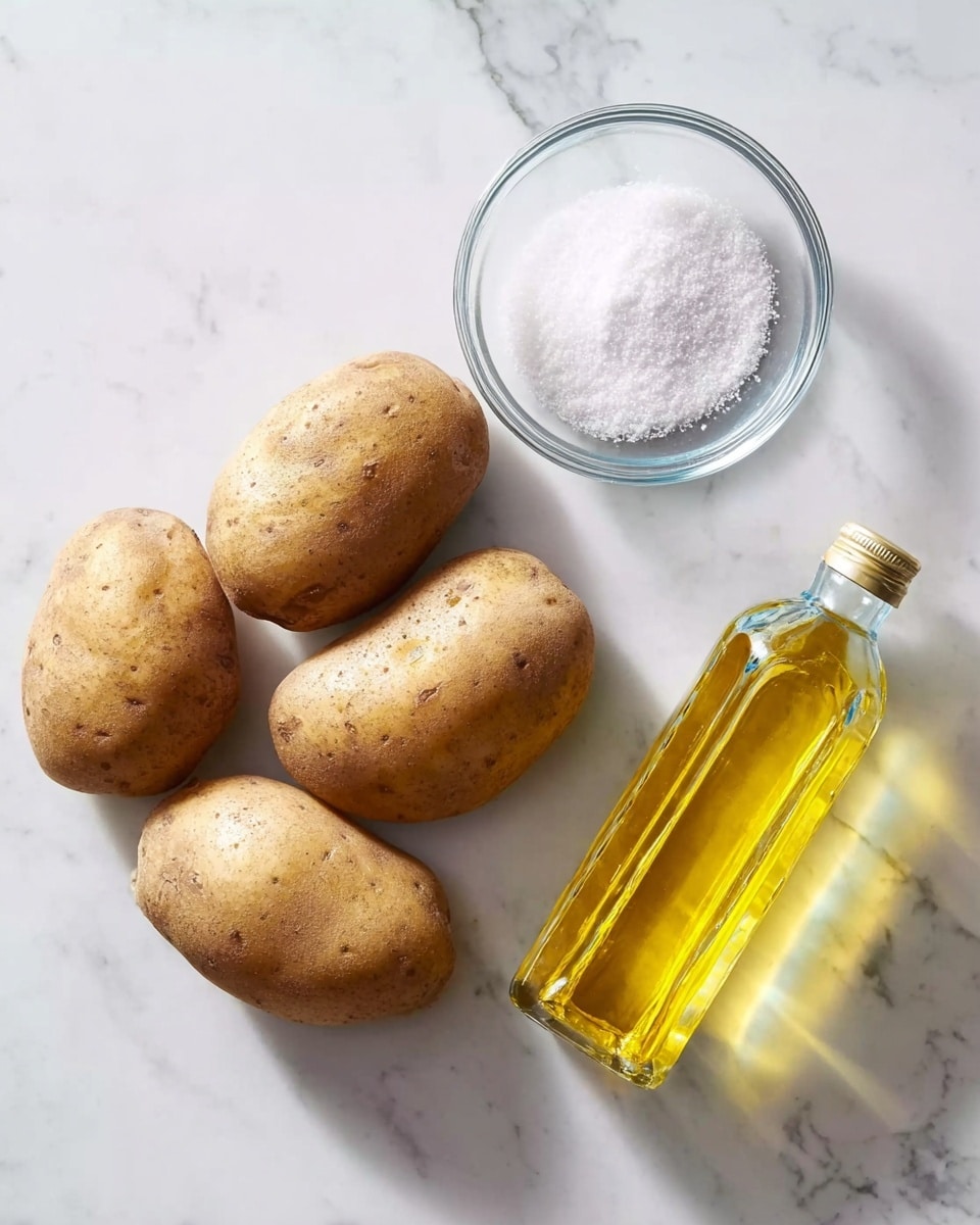 The image shows four unpeeled potatoes arranged in a loose cluster on a white marbled surface. Next to them is a clear glass bowl filled with a white granular substance that looks like salt. Near the bowl, there is a clear plastic bottle filled with yellow cooking oil, reflecting light on the marbled surface. The overall setup is simple with natural lighting and no other objects in the frame photo taken with an iphone --ar 4:5 --v 7