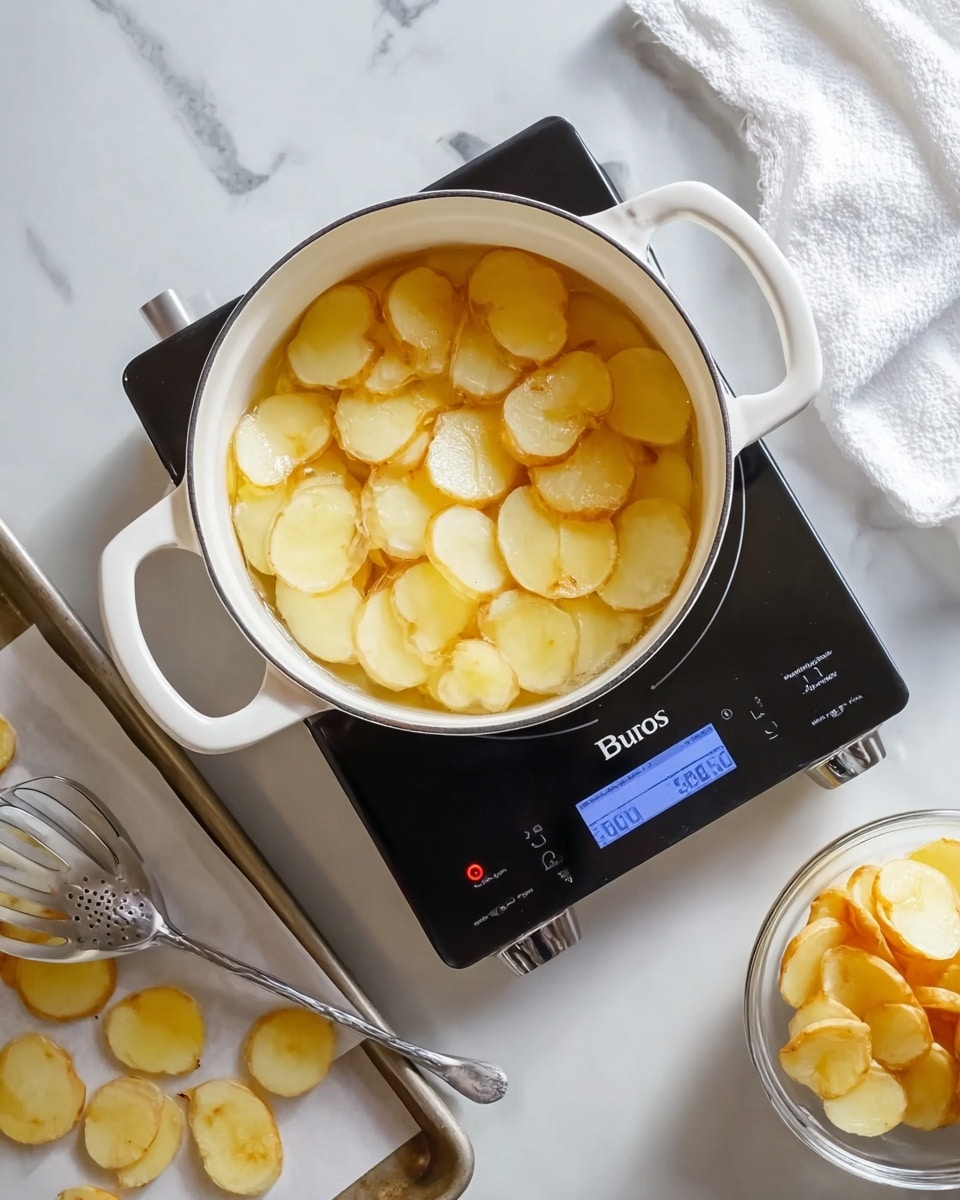 The image shows a white round pot with two handles filled with thin, light golden potato slices frying in hot oil. The pot is on a black electric stove with a digital screen displaying settings. To the left of the pot, a silver slotted spoon lies on a baking tray lined with white paper that holds several cooked potato slices. The surface is white marbled, and a white cloth is seen in the top right corner beside a clear bowl filled with more raw potato slices. photo taken with an iphone --ar 4:5 --v 7