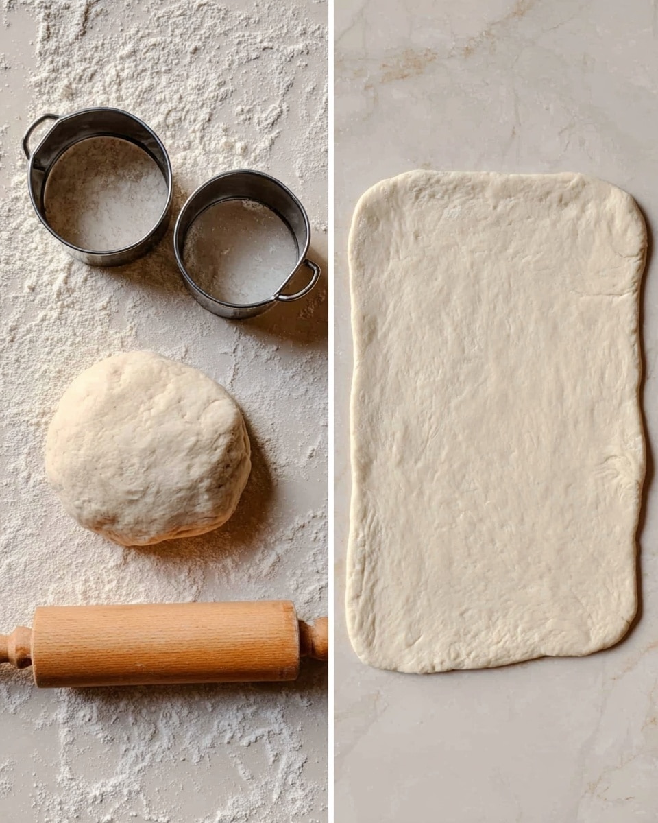Two images side by side show dough preparation on a white marbled surface. The left image displays a soft, rounded dough ball with a slightly uneven surface next to two metal round cutters of different sizes and a wooden rolling pin. The right image features the dough rolled out into a large square shape with smooth, even texture and soft edges, resting flat on the same white marbled surface. Photo taken with an iphone --ar 4:5 --v 7