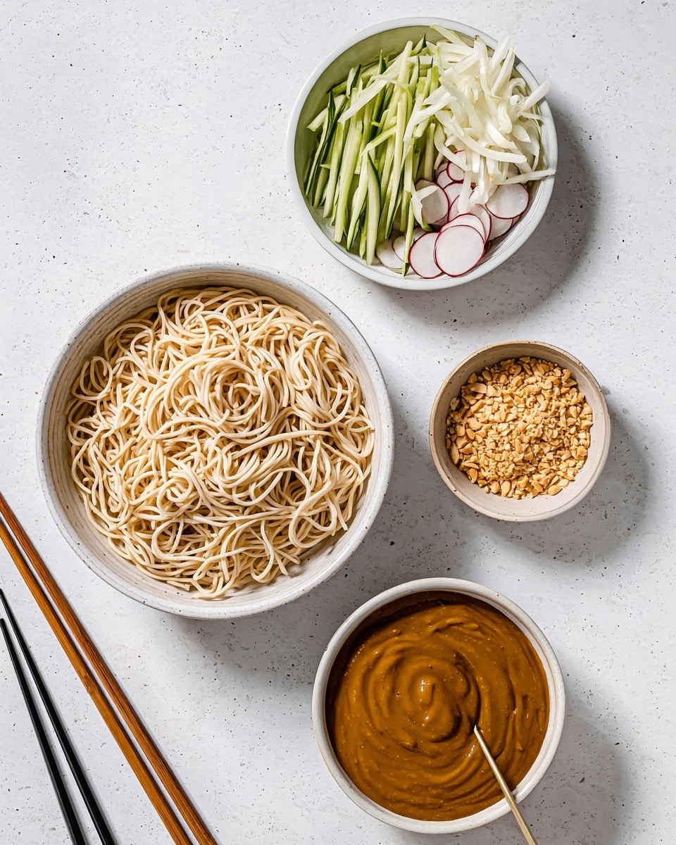 The image shows four white bowls on a white marbled surface. The largest bowl at the bottom left is full of plain cooked noodles that are tangled and light beige in color. At the top right, there is a bowl filled with thin strips of fresh cucumber and white radish with red edges, placed side by side. Above the noodle bowl, there is a small bowl with crushed peanuts, golden brown and uneven in size. To the bottom right, a bowl contains a thick, smooth brown peanut sauce with a beige and brown spoon resting inside. Four chopsticks in wood and black colors lay diagonally at the bottom left corner. Photo taken with an iphone --ar 4:5 --v 7