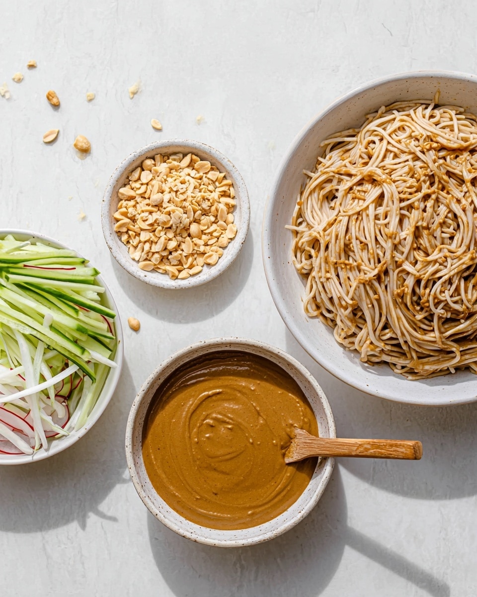 The image shows three white bowls on a white marbled surface. The largest bowl on the right holds a single layer of light brown noodles with some darker brown sauce drizzled over them. The middle bowl has a smooth, thick layer of tan peanut sauce with a wooden spoon resting inside. The smallest bowl on the left contains two layers of thin vegetable strips: the top layer is bright green cucumber sticks, and the bottom layer is white radish sticks with red edges. A small white bowl with crushed peanuts sits beside the noodle bowl, with some pieces scattered on the surface. Photo taken with an iphone --ar 4:5 --v 7