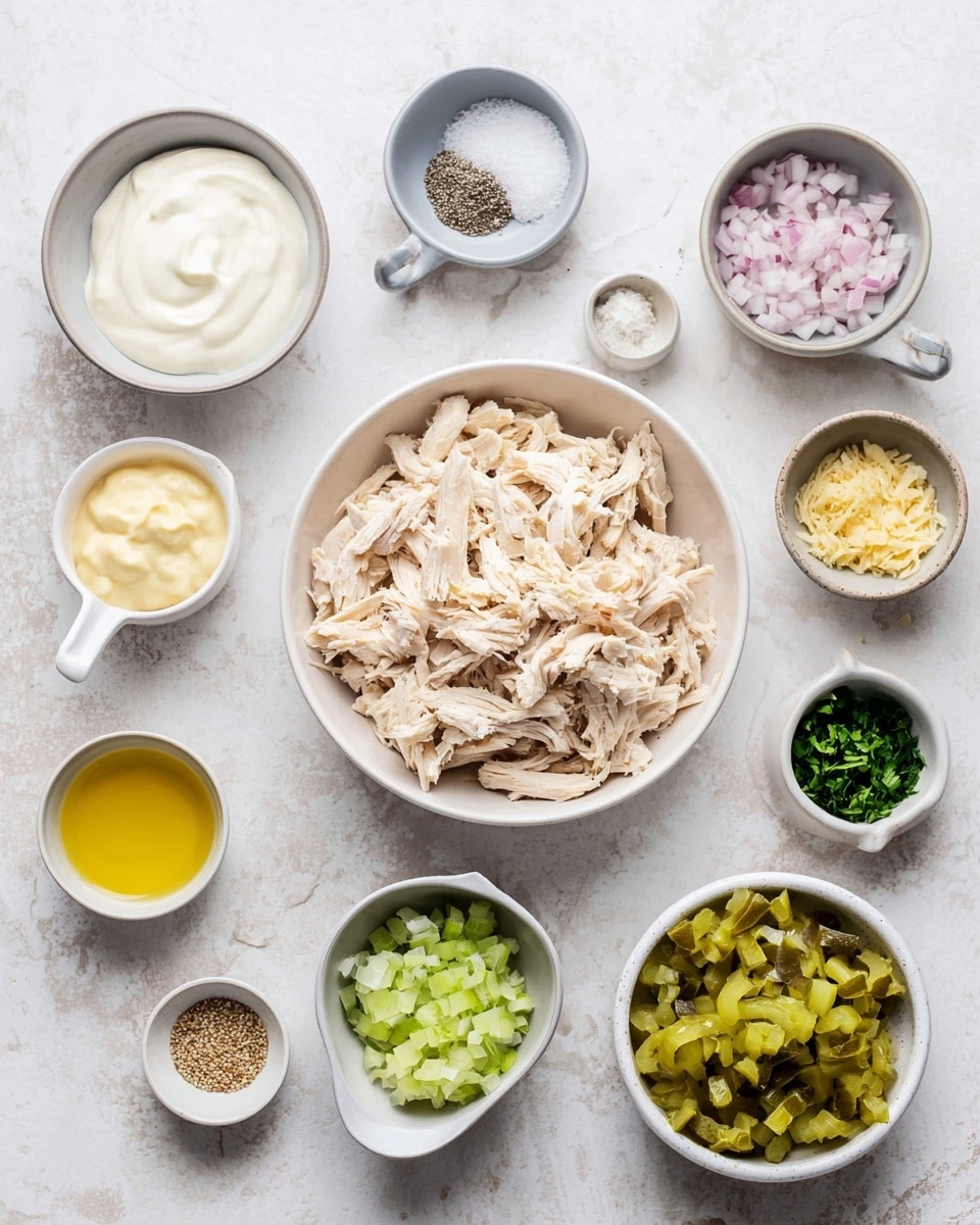 The image shows several small white bowls and measuring cups arranged on a white marbled surface, each holding different ingredients. In the center, there is one white bowl filled with pale, shredded cooked chicken. Surrounding it clockwise from the top left are a small white bowl of white creamy sour cream, a small gray bowl with a mix of salt and pepper, a white measuring cup with finely chopped pale pink onions, a small white bowl with yellow mustard, a white bowl containing pale creamy mayonnaise, a small white bowl holding finely chopped dark green fresh herbs, a gray measuring cup with light green chopped celery, a small white bowl with light yellow liquid and mustard seeds, a gray bowl with light beige powder or seasoning, and a white measuring cup filled with chopped bright green pickles. The setup has a clean and organized look. photo taken with an iphone --ar 4:5 --v 7