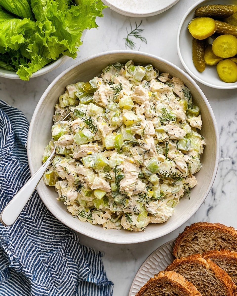 A large white bowl holds a creamy chicken salad that has three main textures and colors: small chunks of light beige chicken mixed with pale green celery and darker green pickles, all coated in a smooth, light cream dressing with visible dill sprinkled throughout. A white fork rests inside the bowl on the left side. Surrounding the bowl are bright green fresh lettuce in a white bowl on the top left, a small white bowl of shiny, yellow-green pickle slices on the top right, a blue and white striped cloth at the bottom left, and three toasted brown bread slices on a white plate at the bottom right. Everything sits on a white marbled tabletop. Photo taken with an iphone --ar 4:5 --v 7