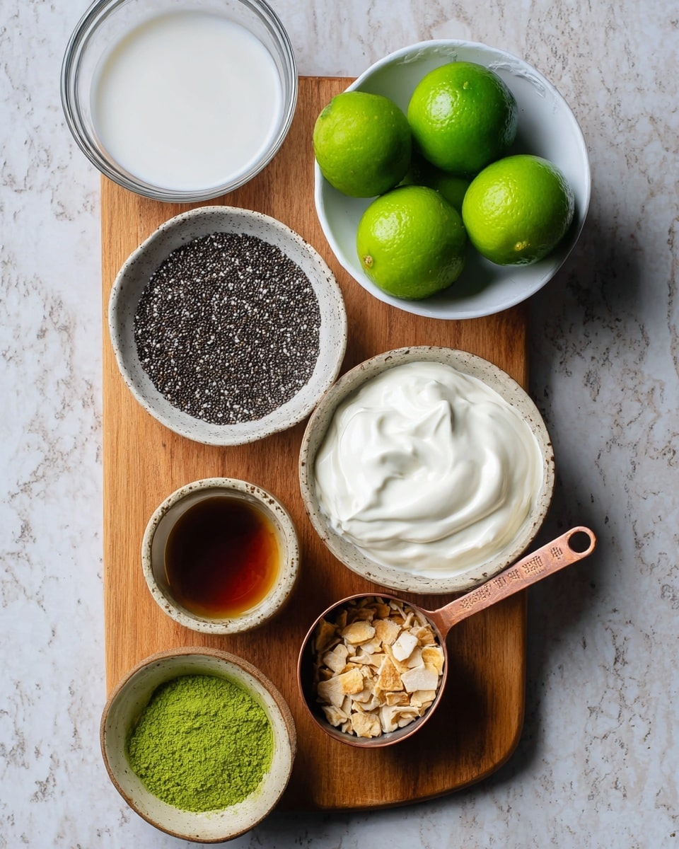 A wooden board on a white marbled surface holds six containers with different ingredients arranged neatly. At the top right, a white bowl contains four fresh bright green limes. Below it, a copper measuring cup filled with thick, smooth, white cream sits to the right side. To the left of the cream, a white bowl holds many small black and white chia seeds. Above the chia seeds, a small speckled beige cup is filled with a dark amber liquid. At the bottom left, a small beige bowl has a small pile of bright green powder. Next to it, on the top left, a white bowl contains broken light brown crunchy pieces. At the top left corner, there is a clear glass bowl with white liquid inside. photo taken with an iphone --ar 4:5 --v 7