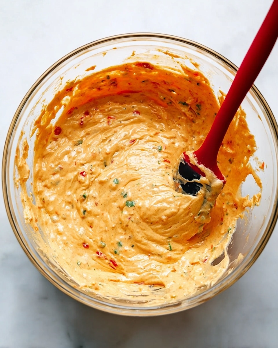 A clear glass bowl filled with one thick layer of creamy, orange-colored mixture that has small green and red bits spread evenly throughout. A red spatula with a black tip is partially submerged on the right side, stirring the mixture, with some of it clinging to the spatula. The bowl sits on a white marbled surface with bright, even lighting highlighting the smooth, slightly textured swirls of the mixture photo taken with an iphone --ar 4:5 --v 7