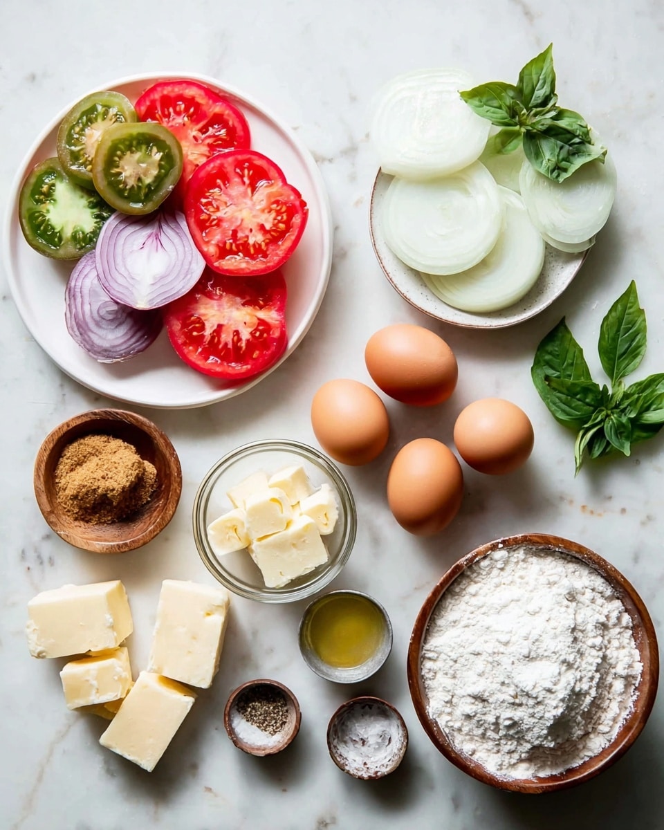 A collection of cooking ingredients arranged on a white marbled surface with a bowl of white flour on the bottom right, a small wooden bowl of garlic and brown sugar to its left, and a small bowl of salt and pepper near garlic cloves and two chunks of cheese on the bottom left. Above, there is a small glass bowl of cubed butter in the center, six brown eggs in a cluster behind it, and a small bowl of sliced white onions to the right. On the top left, a white plate holds layers of sliced red tomatoes, green and purple tomatoes, and sliced cherry tomatoes. Fresh green basil leaves are placed on the right side of the layout. Photo taken with an iphone --ar 4:5 --v 7